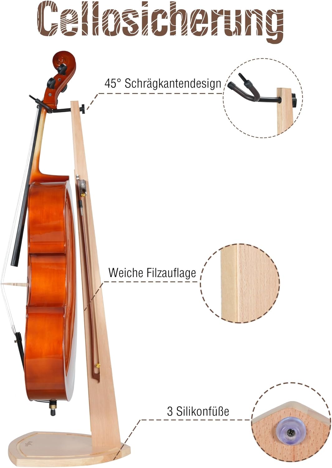 Detalle de Musbeat Cello Ständer aus Buchenholz mit Bogenhalter für 1/2, 1/4, 1/8 bis 4/4