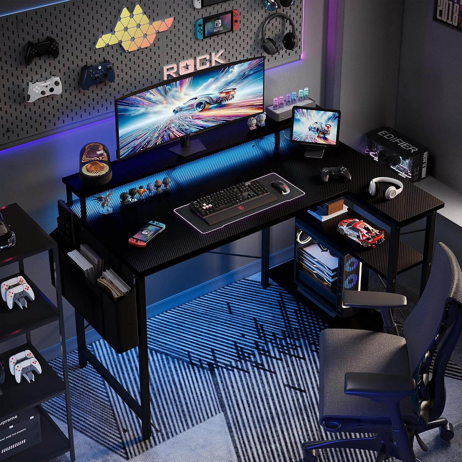 Thumbnail 1 de Grandder 100cm Reversible L-Shaped Gaming Desk with Power Sockets & LED Lights