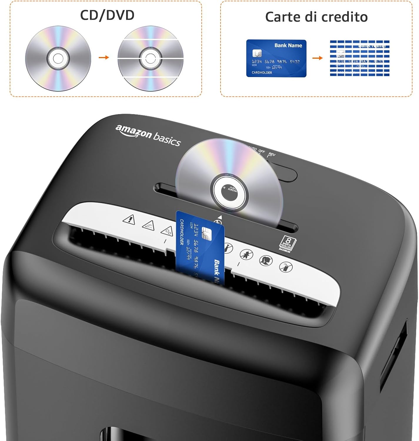 Detalle de Amazon Basics distruggi documenti a micro frammenti (8 fogli) con taglio 4 x 12 mm, CD/DVD e carte di credito, Nero
