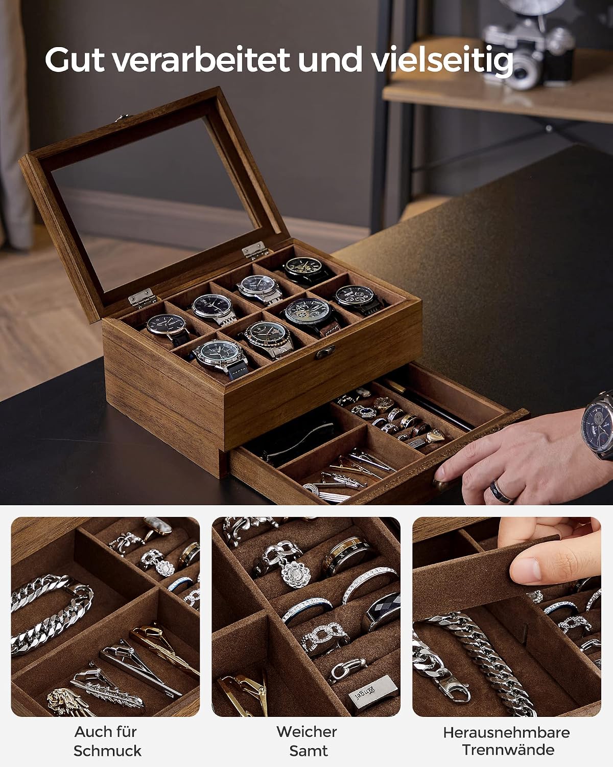 Detalle 2 de SONGMICS GISELLA Kollektion: Uhrenbox mit 8 Fächern aus Massivholz, Glasdeckel und Walnussfinish (JOW008K01)