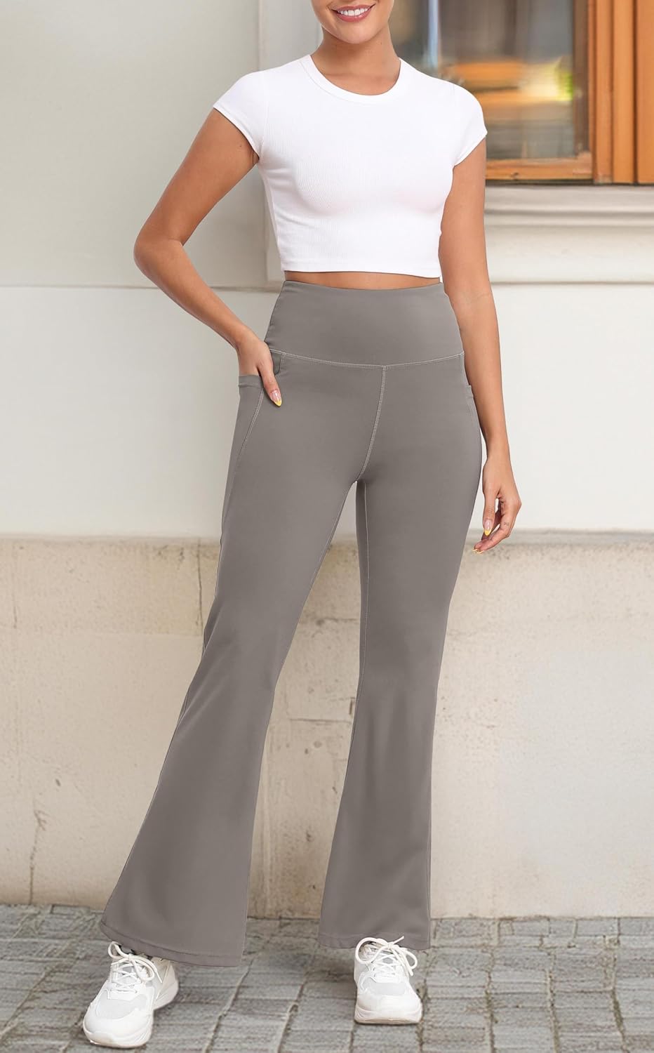 Detalle de GRECERELLE Wide Leg Trousers for Women – High-Waisted Sculpting Yoga Pants with Side Pockets