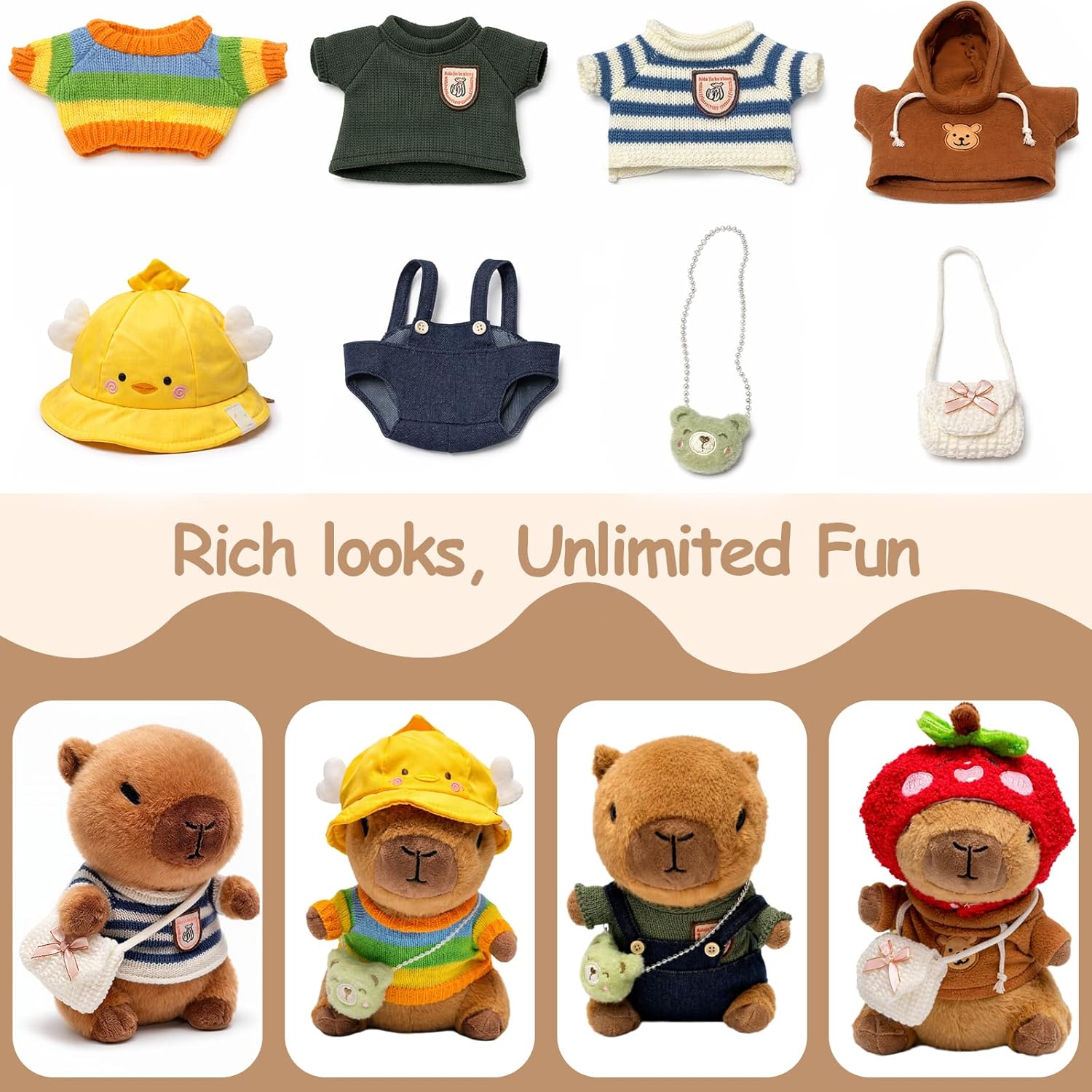Thumbnail 1 de TITQWOP 10.2" Brown Capybara Plush Toy Set with 9 Clothes and Accessories