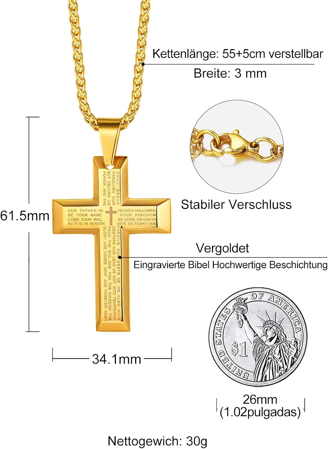 Thumbnail 2 de Richsteel Kreuz Kette Halskette Herren Edelstahl 50+5 cm verstellbar – Kreuzanhänger personalisierbar