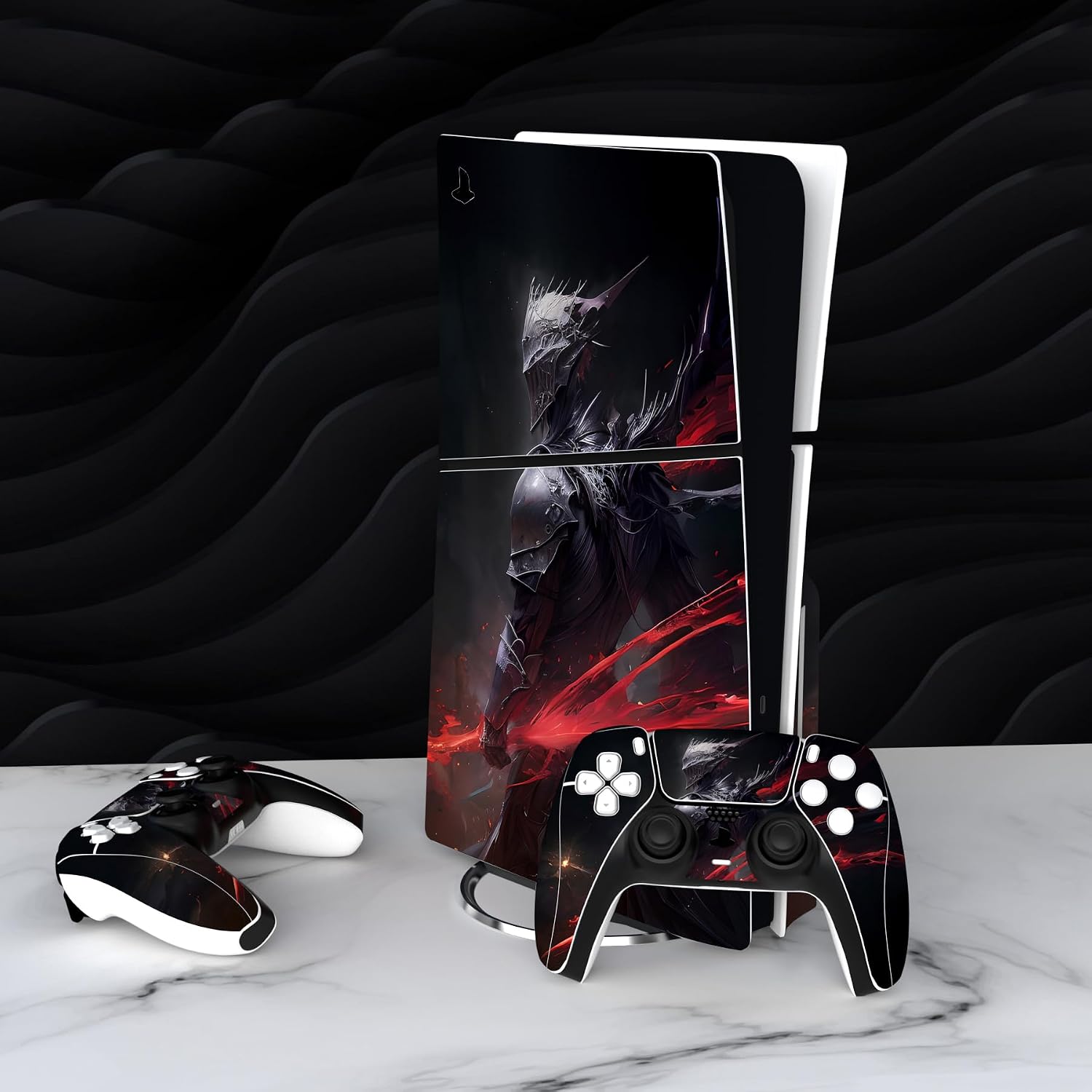 Detalle 2 de playvital Full Set Skin Stickers for PS5 Slim Disc Edition (Abyss Knight) – vinyl decals for console, controller, charging station, headset & media remote