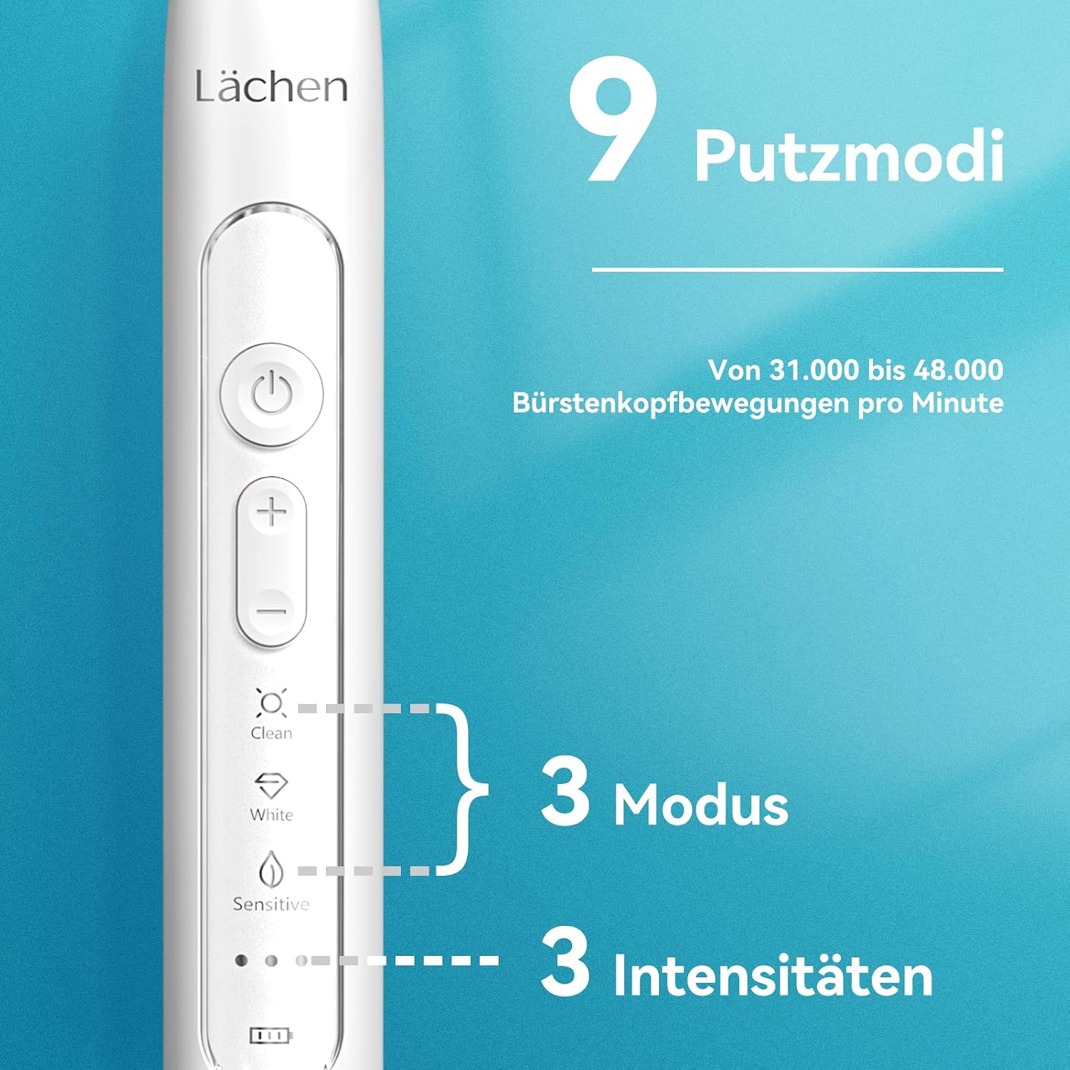 Detalle de Lächen Sonic Schallzahnbürste RM-T8B mit Timer, 3 Modi, 4 Aufsteckbürsten & Reisetasche (A-weiß)