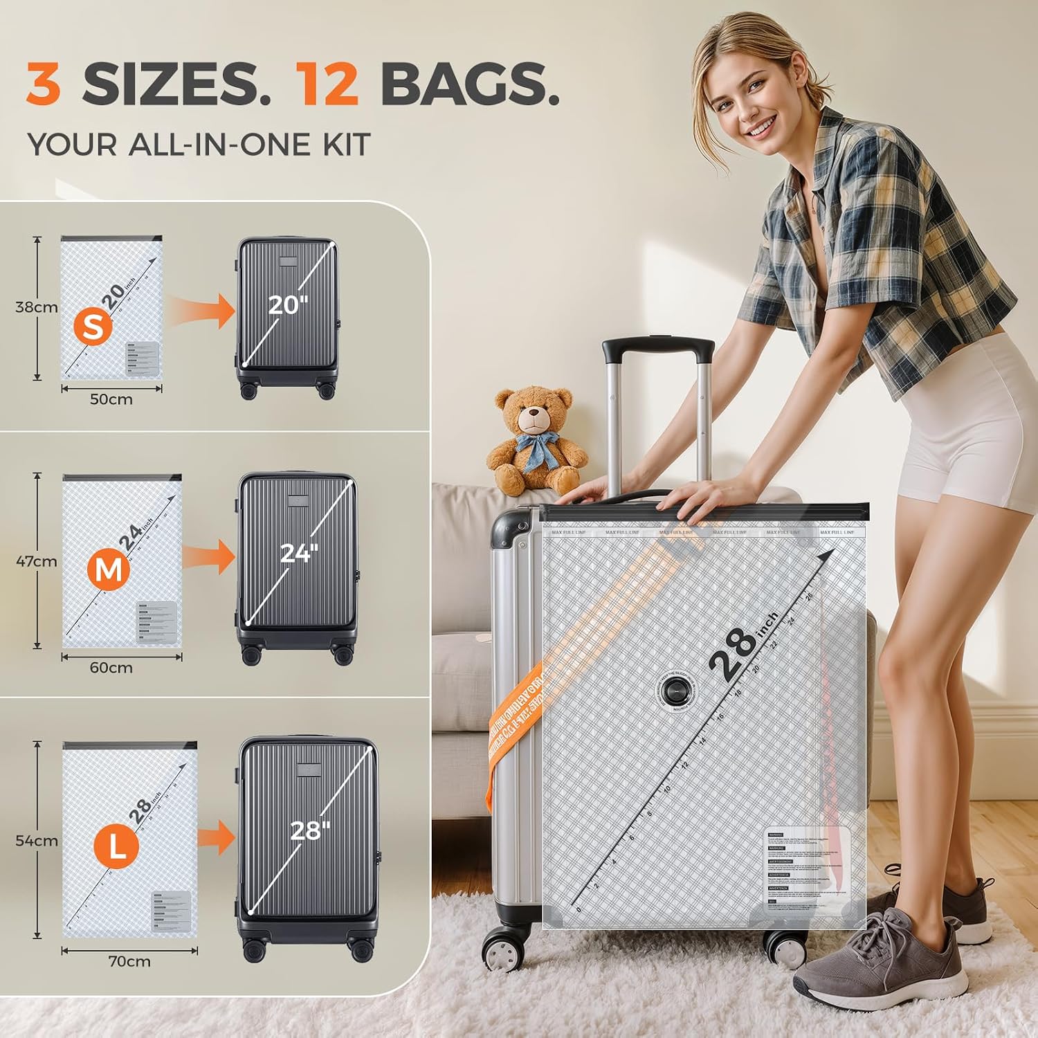 Thumbnail 3 de Innsky 12-Pack Vacuum Storage Bags with Rechargeable Pump (Large) – 3 Sizes for Space-Saving Travel, Moving and Home Organisation