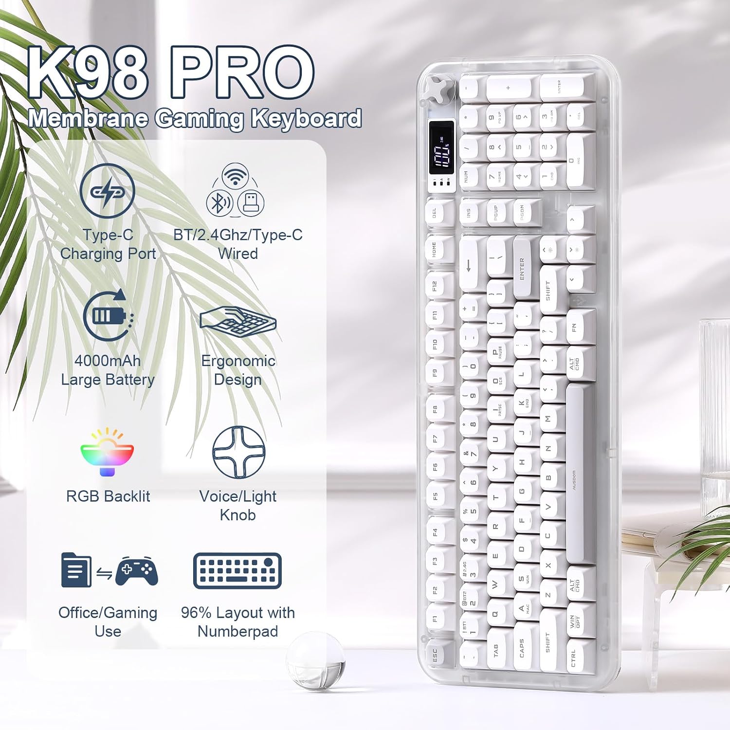 Detalle 2 de MIKIBY K98 Pro Wireless Membrane Gaming Keyboard, 98-Key RGB, White