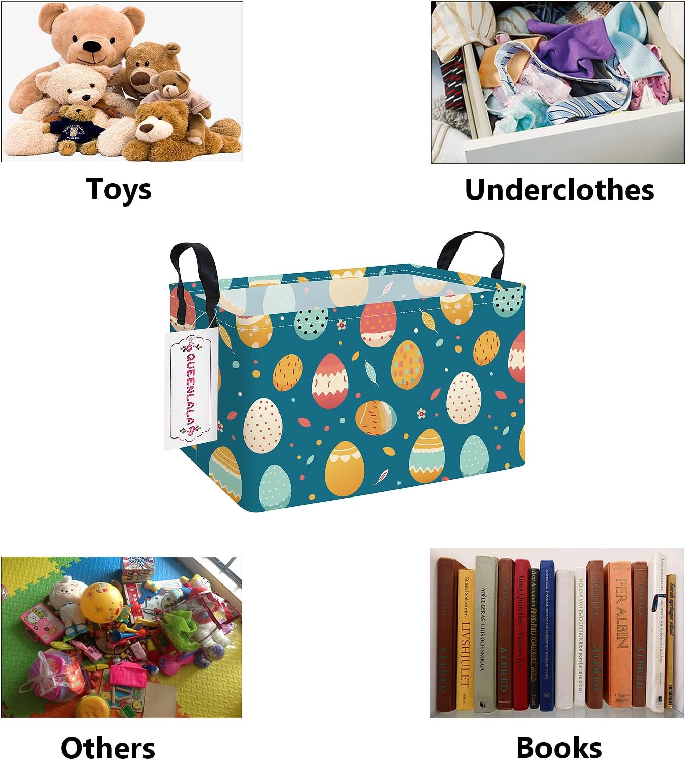 Thumbnail 2 de QUEENLALA Rectangular Collapsible Laundry Basket, Blue Easter Egg Print