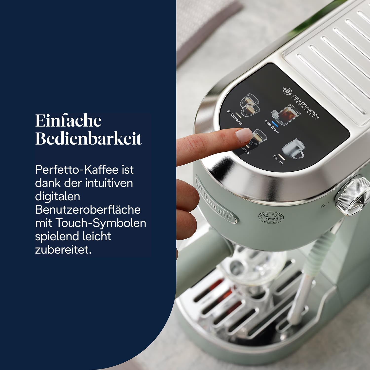 Detalle de De’Longhi Dedica Duo EC890.GR – Kompakte Siebträgermaschine in Grün