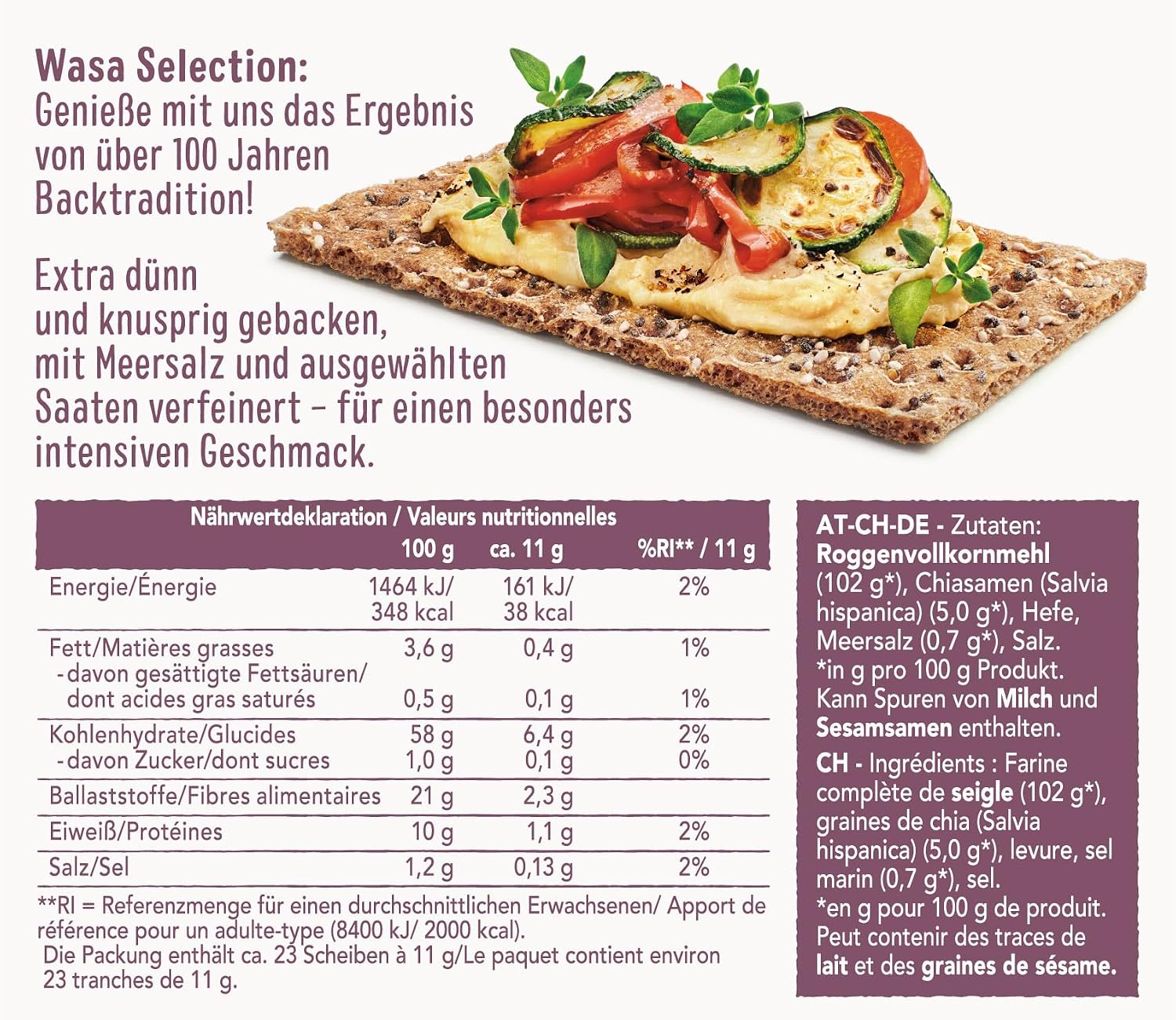 Detalle de Wasa Selection Chia & Meersalz – Roggenvollkornknäcke, 3er-Pack