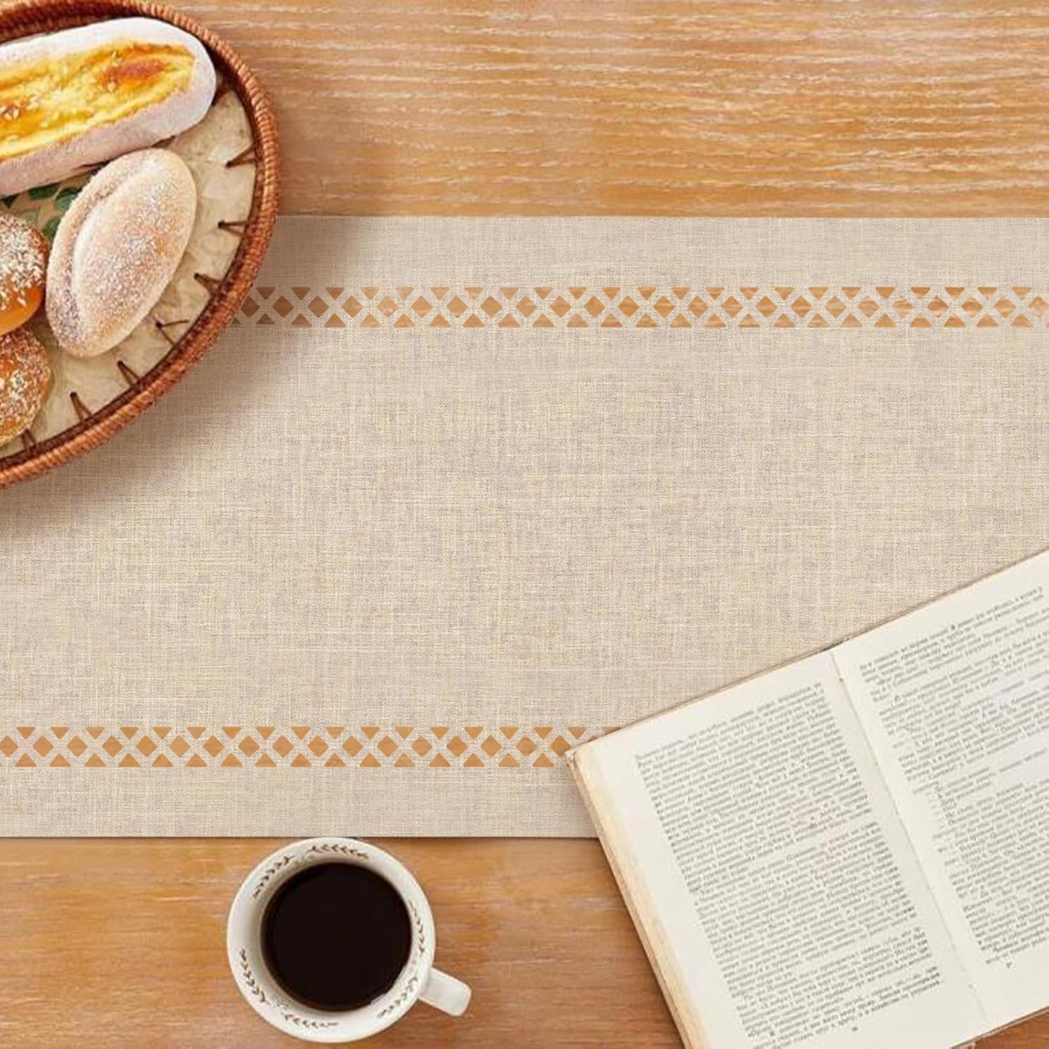 Detalle de BAZIOE Modern Table Runner Beige Linen Blend with Openwork Laser-Cut Pattern