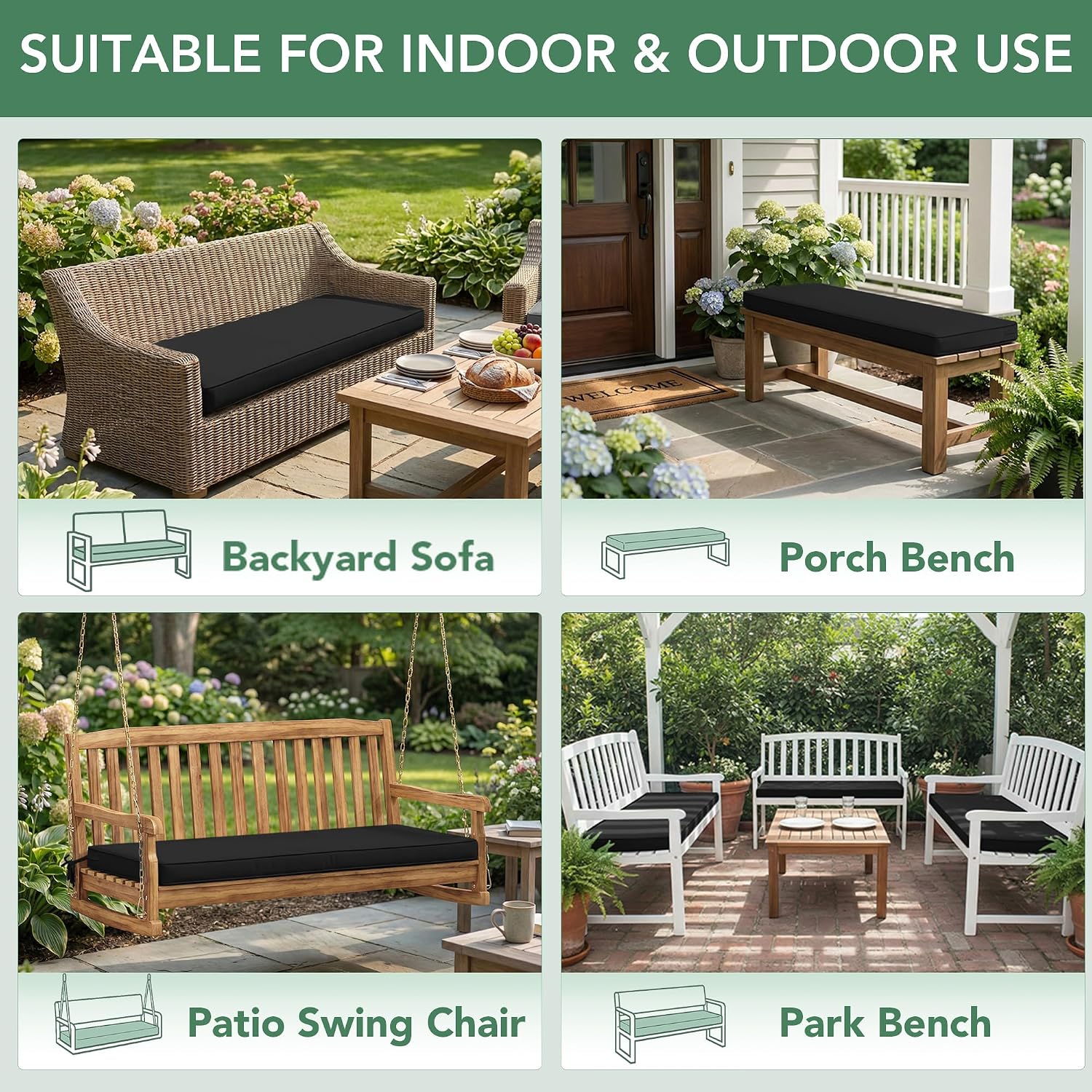 Thumbnail 6 de Summsun Outdoor Bench Cushion Pad, 48 x 18 x 3 Inch, Black
