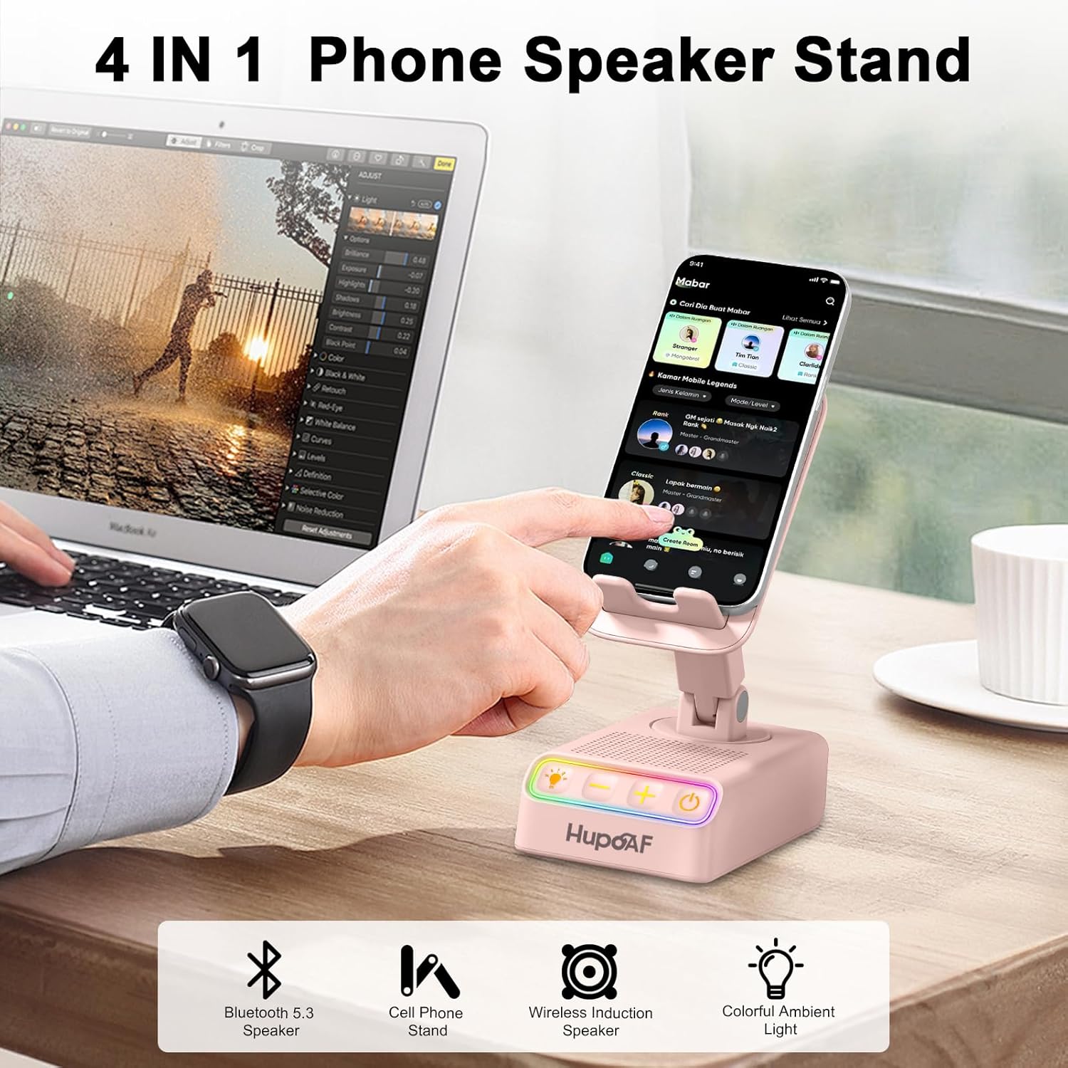Thumbnail 1 de Hupoaf 4-in-1 Bluetooth Speaker & Phone Stand (Pink) – versatile gift for all occasions