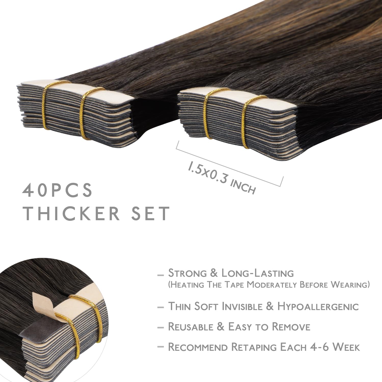 Detalle de WENNALIFE Tape-In Hair Extensions Human Hair, 40 pcs, 100g, 20 inch Balayage Dark Brown Mixed Chestnut Brown