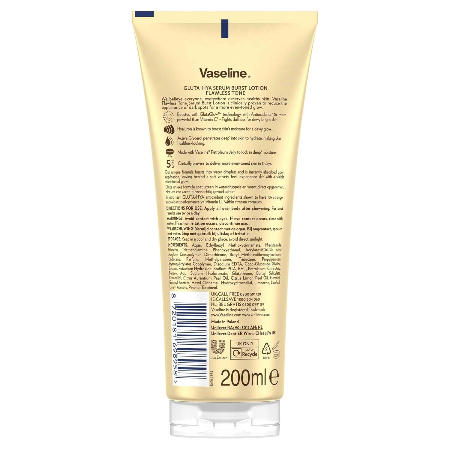 Detalle de Vaseline Gluta-Hya Flawless Tone Antioxidantienreiche Feuchtigkeitslotion mit GlutaGlow & Hyaluronsäure (2x 200 ml)