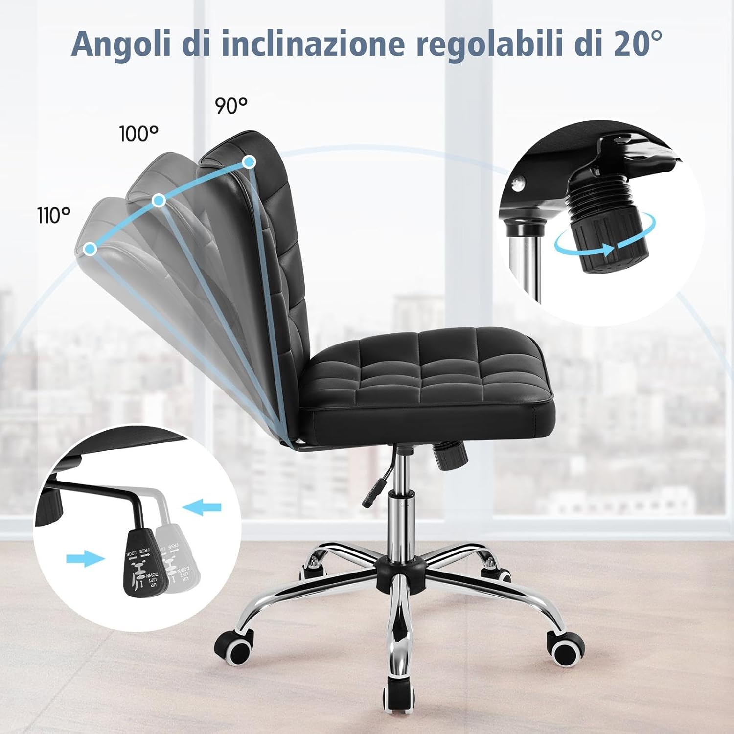 Detalle de Yaheetech Srivania sedia ufficio ergonomica senza braccioli in ecopelle imbottita, girevole 360° e funzione dondolo, altezza regolabile fino a 136 kg