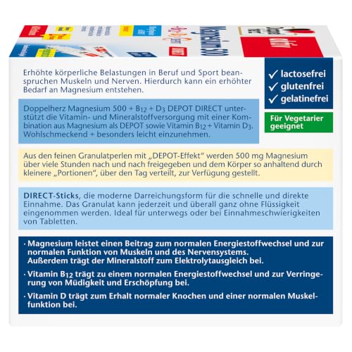 Detalle de Doppelherz Magnesium 500 + B12 + D3 DIRECT mit DEPOT-Funktion – Hochdosierte Mikropellets mit Zitronengeschmack