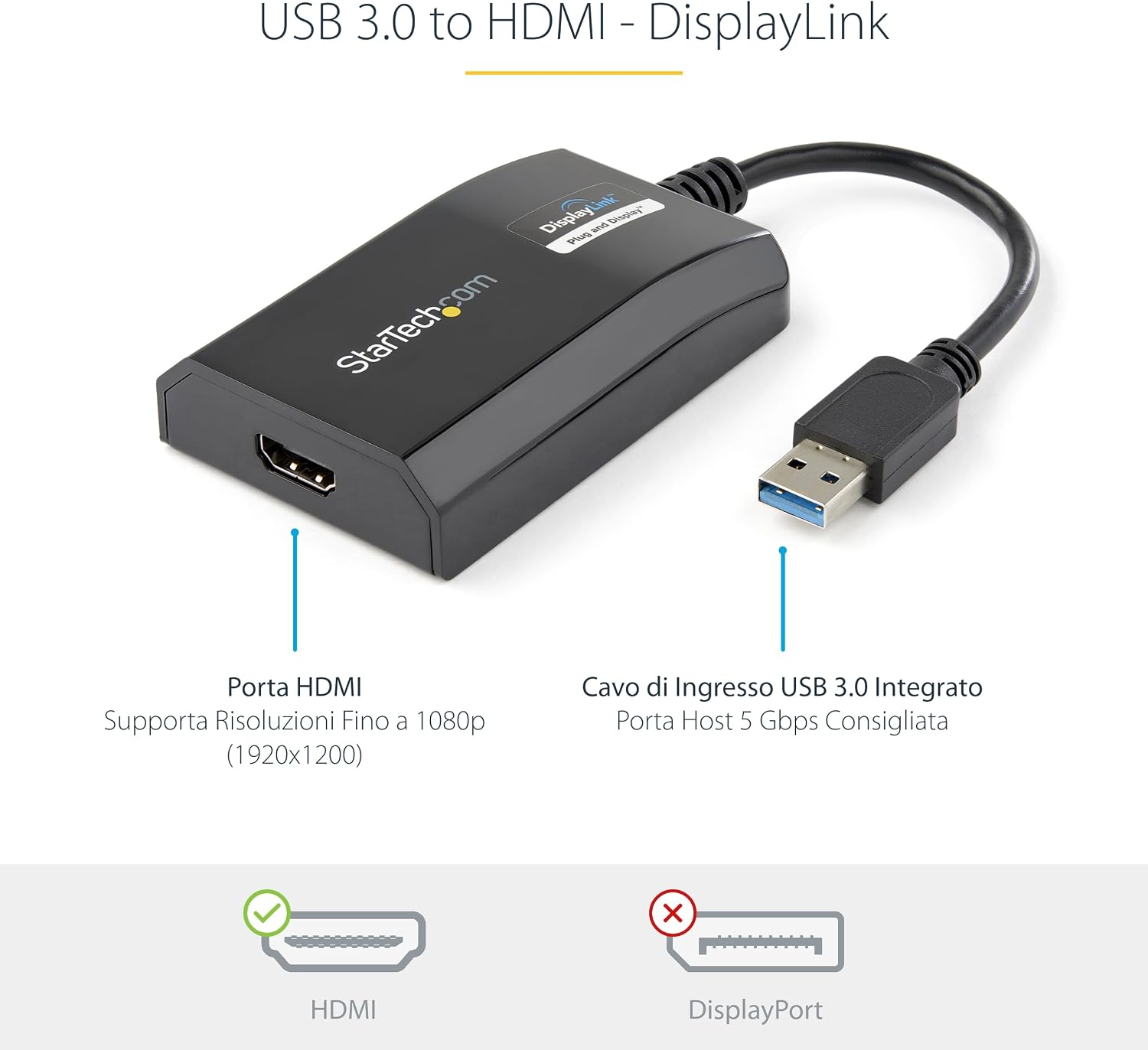 Detalle de StarTech Convertitore USB-A a HDMI 1080p con DisplayLink per Mac e Windows