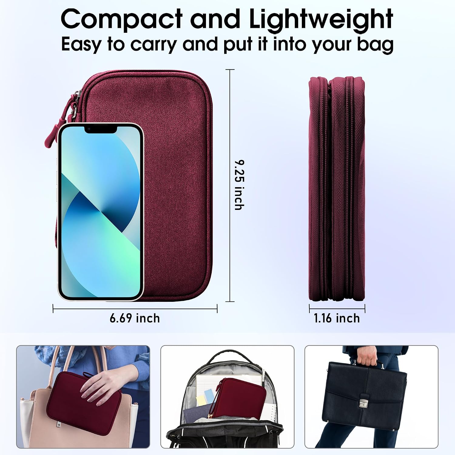 Detalle 2 de Arae Electronic Accessories Organiser travel cable bag (Wine Red, Large) with double-layer storage