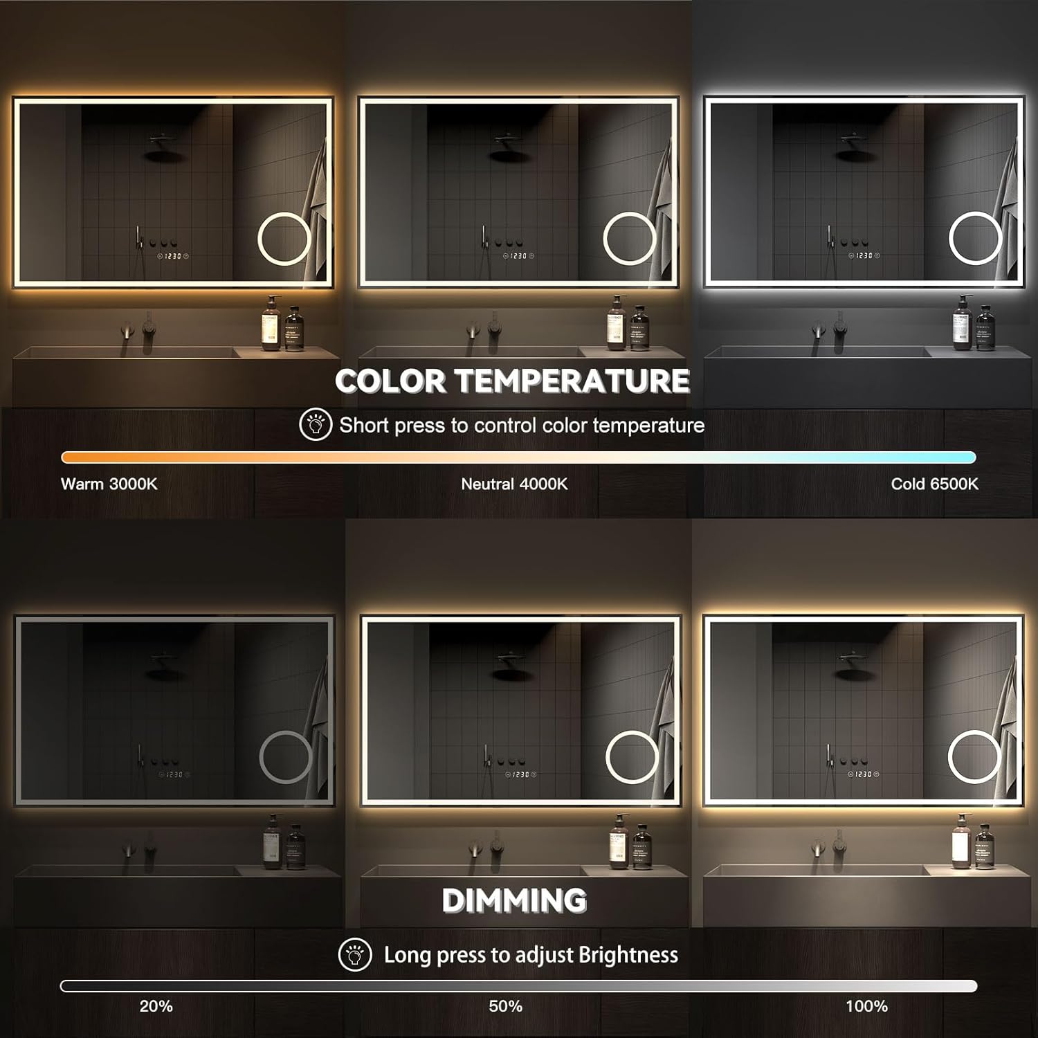 Thumbnail 3 de Dripex Specchio da bagno LED 60 x 100 cm con illuminazione a 3 temperature, anti-appannamento e lente 3x