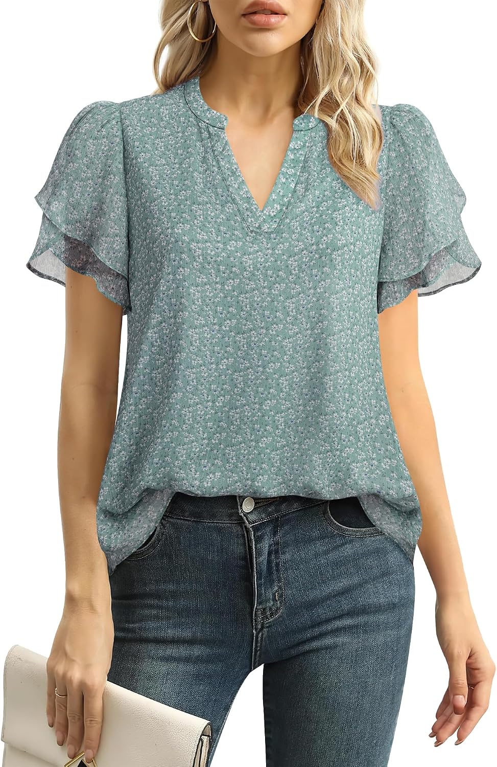 Detalle de Lotusmile Women’s Dressy Chiffon Blouses with Petal Puff Short Sleeves (V-Neck) for Work & Summer