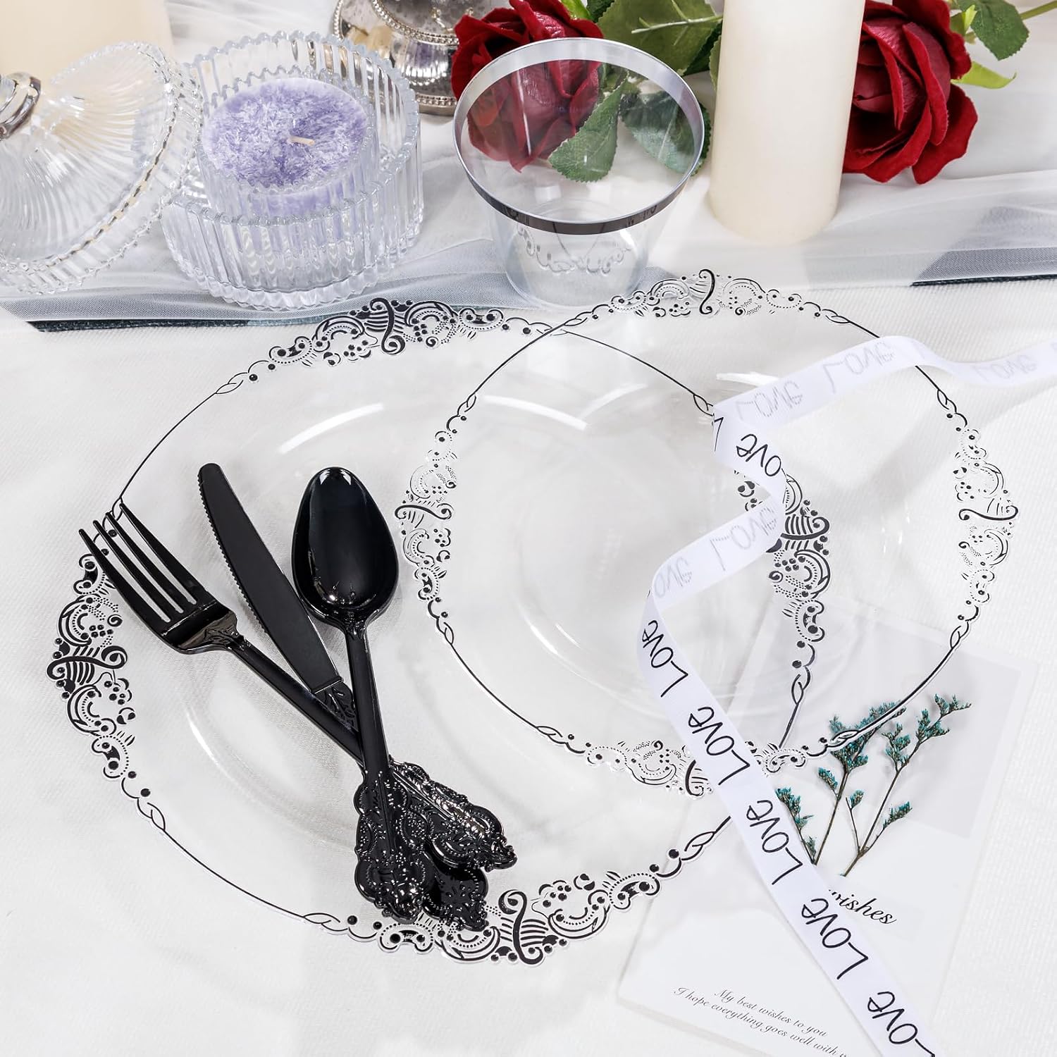 Thumbnail 6 de Hioasis 350pcs Clear and Black Plates — Black Baroque Party Set for 50 Guests