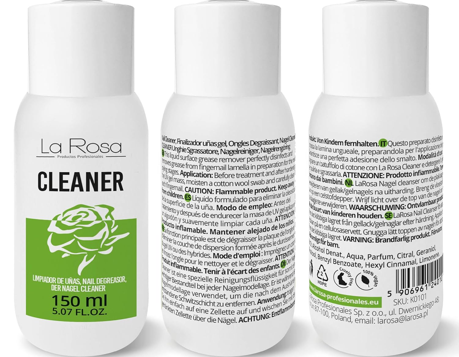 Detalle de LaRosa Nail CLEANER 150 ml – Nagelreiniger & Entfetter für Nagellack und Gelnägel (Ethylalkohol, mit Zitronenduft)