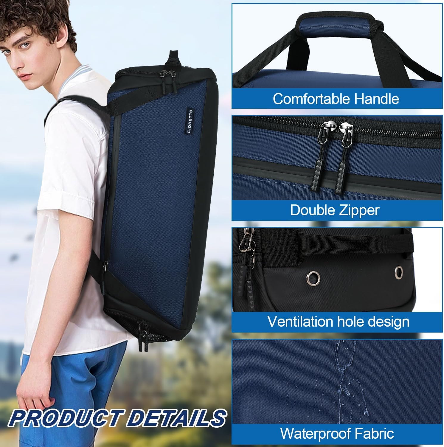 Detalle de FIORETTO Mens Sports Gym Bag with Wet Pocket & Shoe Compartment – a practical travel duffle with flexible carry options