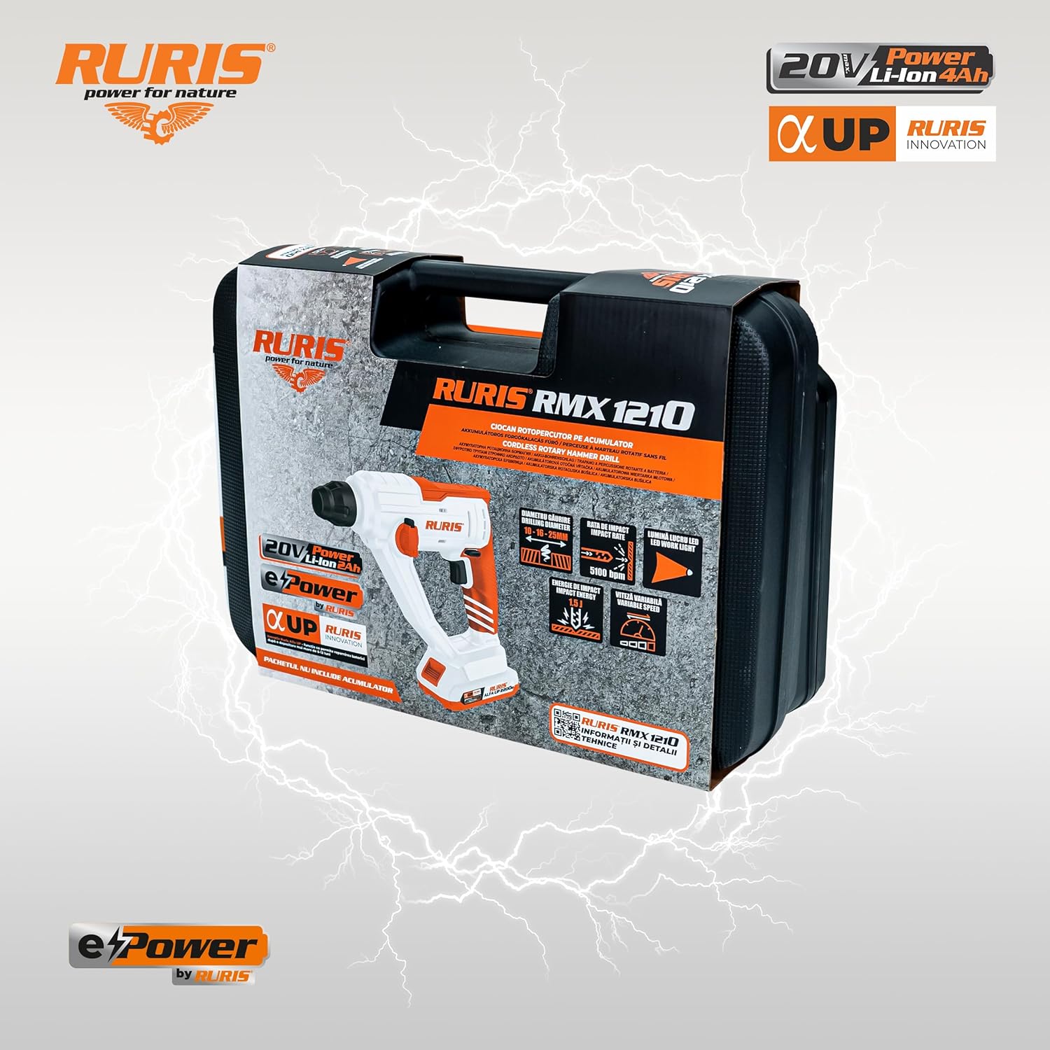 Detalle de RURIS RMX1210: Marteau perforateur sans fil SDS Plus 20V 4Ah avec LED, vitesse variable et forets 8/10/12 mm (pack inclus)