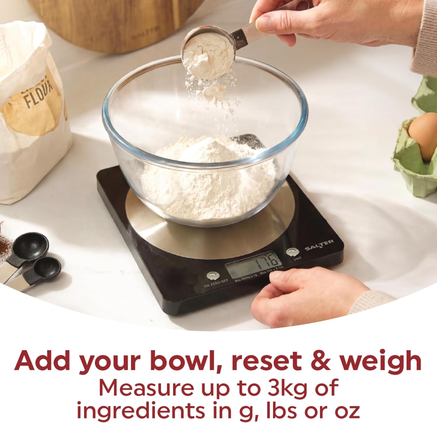 Detalle 2 de Salter 1036 BKSSDR Digital Kitchen Scale – 5kg Capacity, Stainless Steel Platform, Tare Function