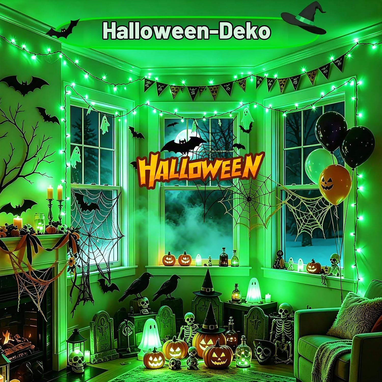 Detalle 2 de Joolivo 2 Stück Halloween Lichterkette Outdoor – 12 m, 120 LEDs Grün