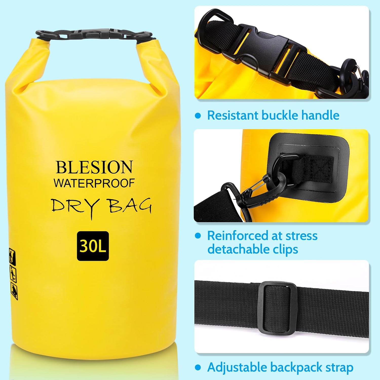 Detalle de BLESION Dry Bag 5–30L wasserdichte Tasche mit verstellbarem Schultergurt – für Kajak, Angeln, Wandern