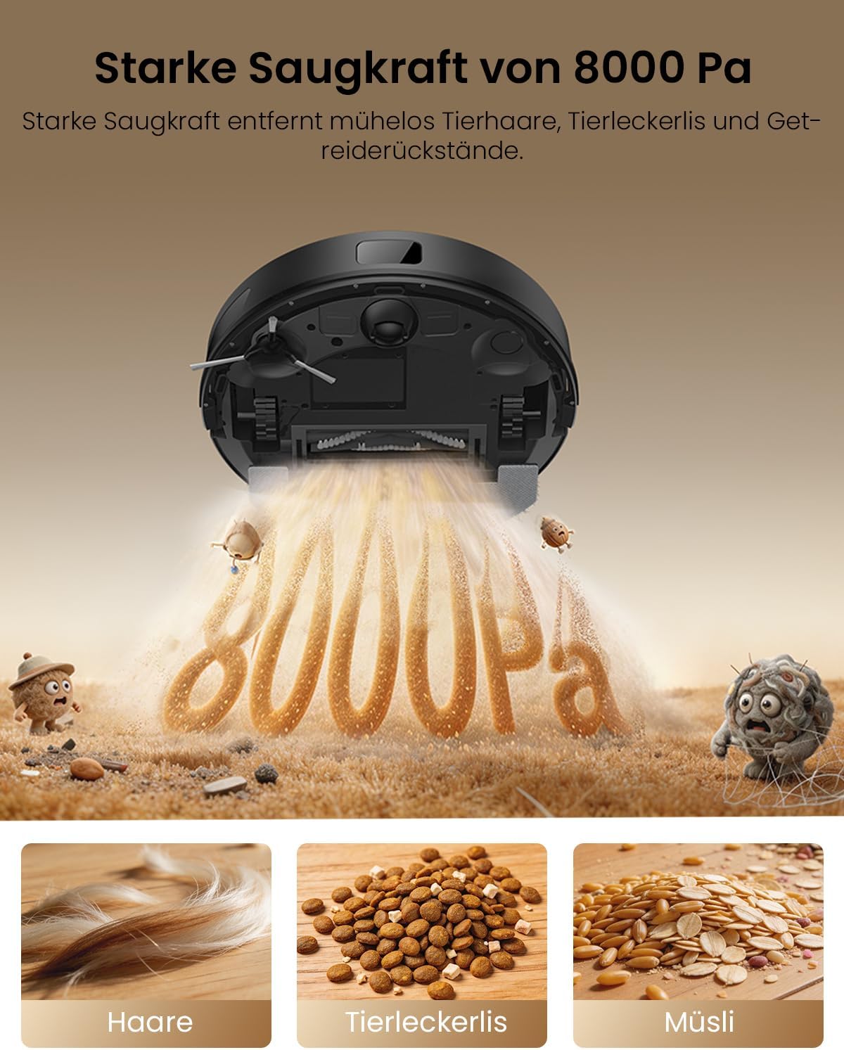 Detalle de Proscenic Q8 Max Saugroboter mit Wischfunktion – starke 8000 Pa, LiDAR-Navigation, 5 Karten und 3-Liter-Staubbeutel