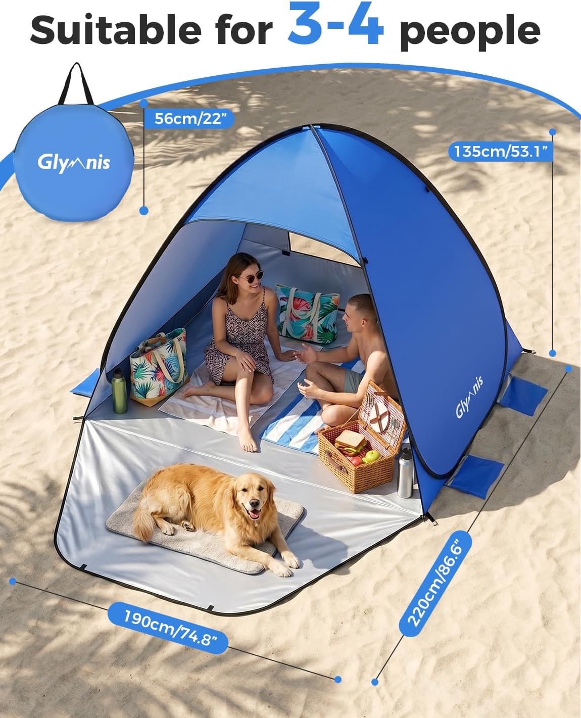 Thumbnail 1 de Glymnis Strandmuschel Pop Up Strandzelt – UV-Schutz 50+ und Windschutz, Blau, 185×140×115 cm