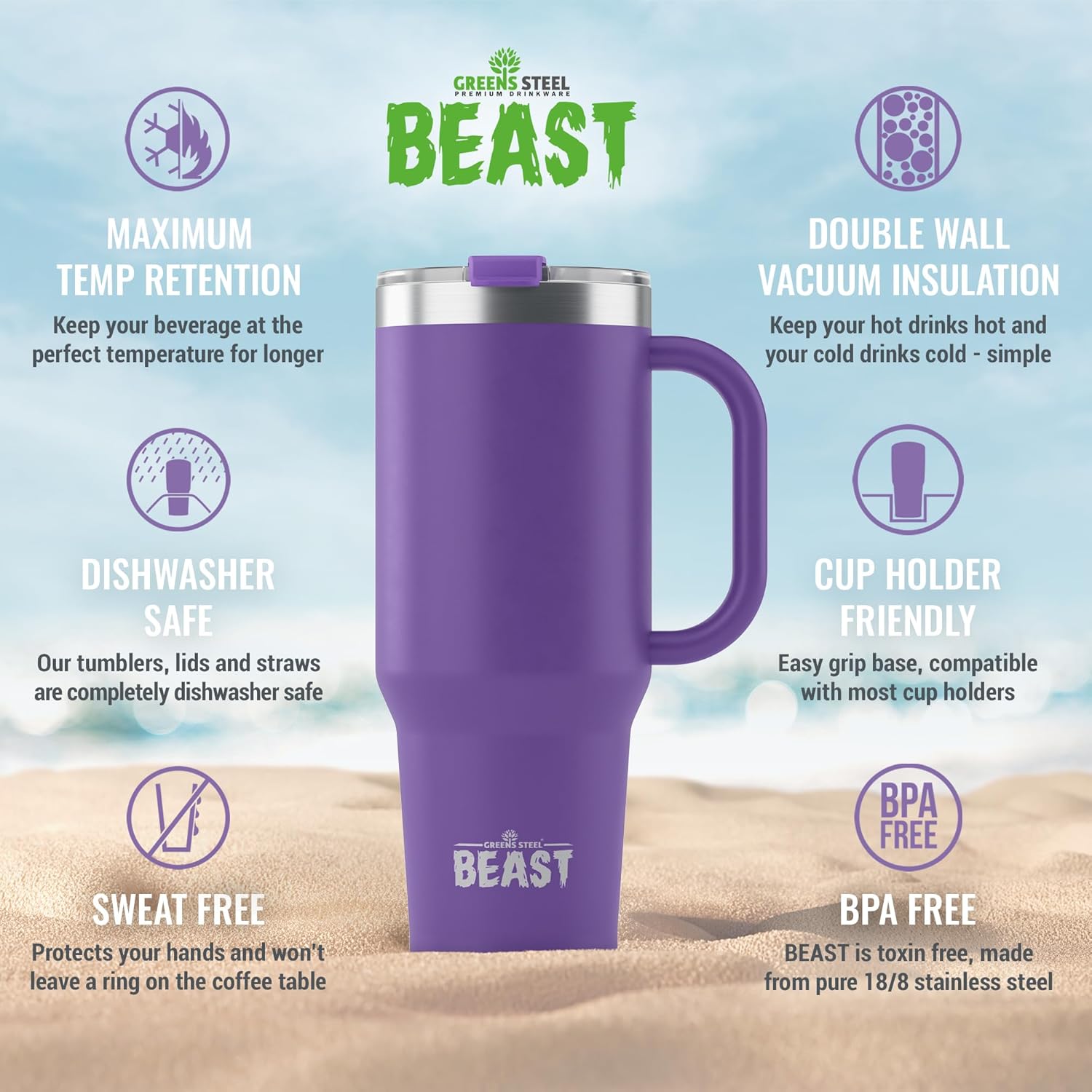 Thumbnail 3 de Beast 50 oz Tumbler with Handle (Deep Purple) — Stainless Steel Vacuum Insulated Travel Cup with Lid