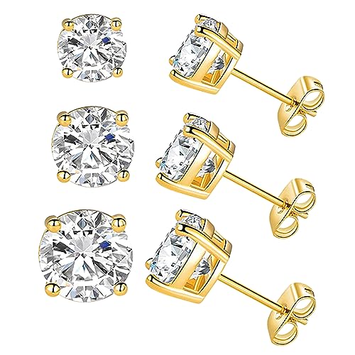 Detalle de Yulovee 9ct Gold Stud Earrings for Women – 3 Pairs of White Crystal Studs