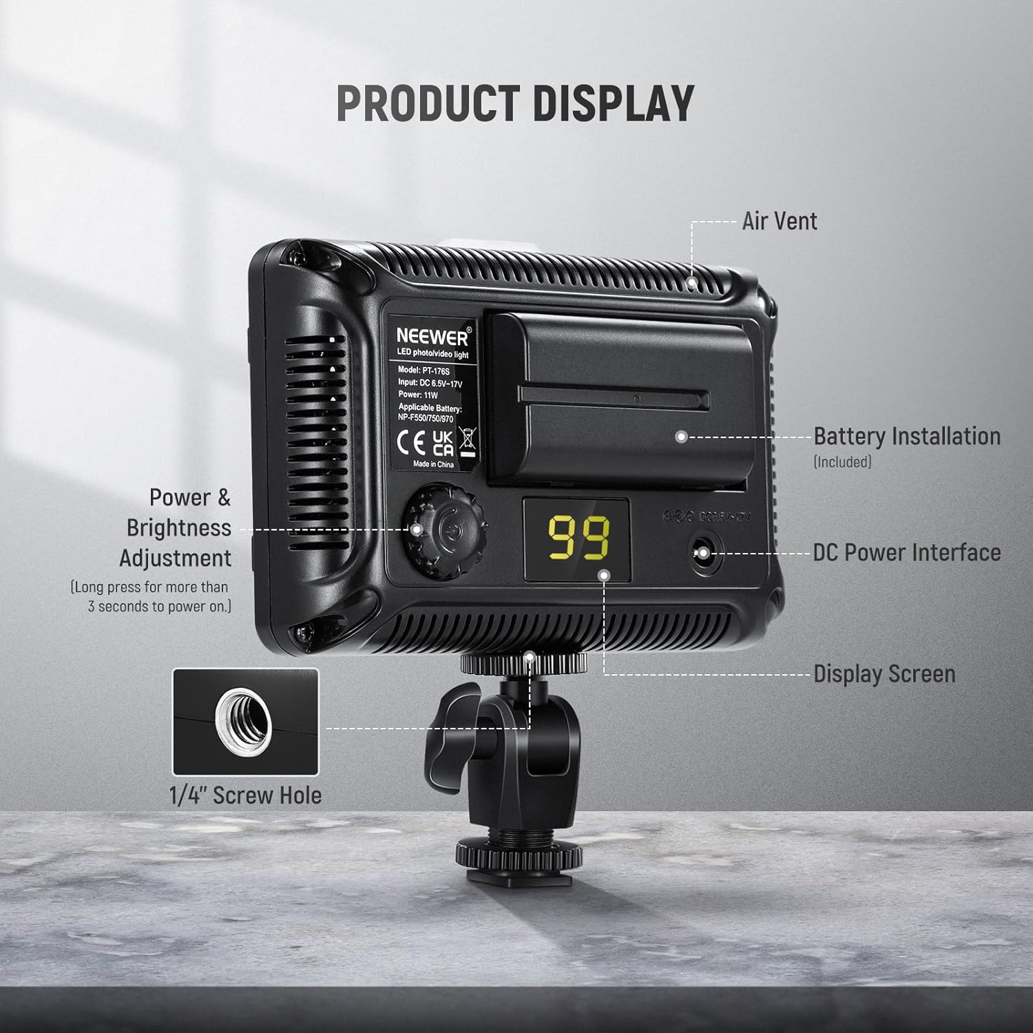 Thumbnail 6 de Neewer 176 LED 5600K Ultra Bright Dimmable On-Camera Video Light (1/4-inch thread mount)