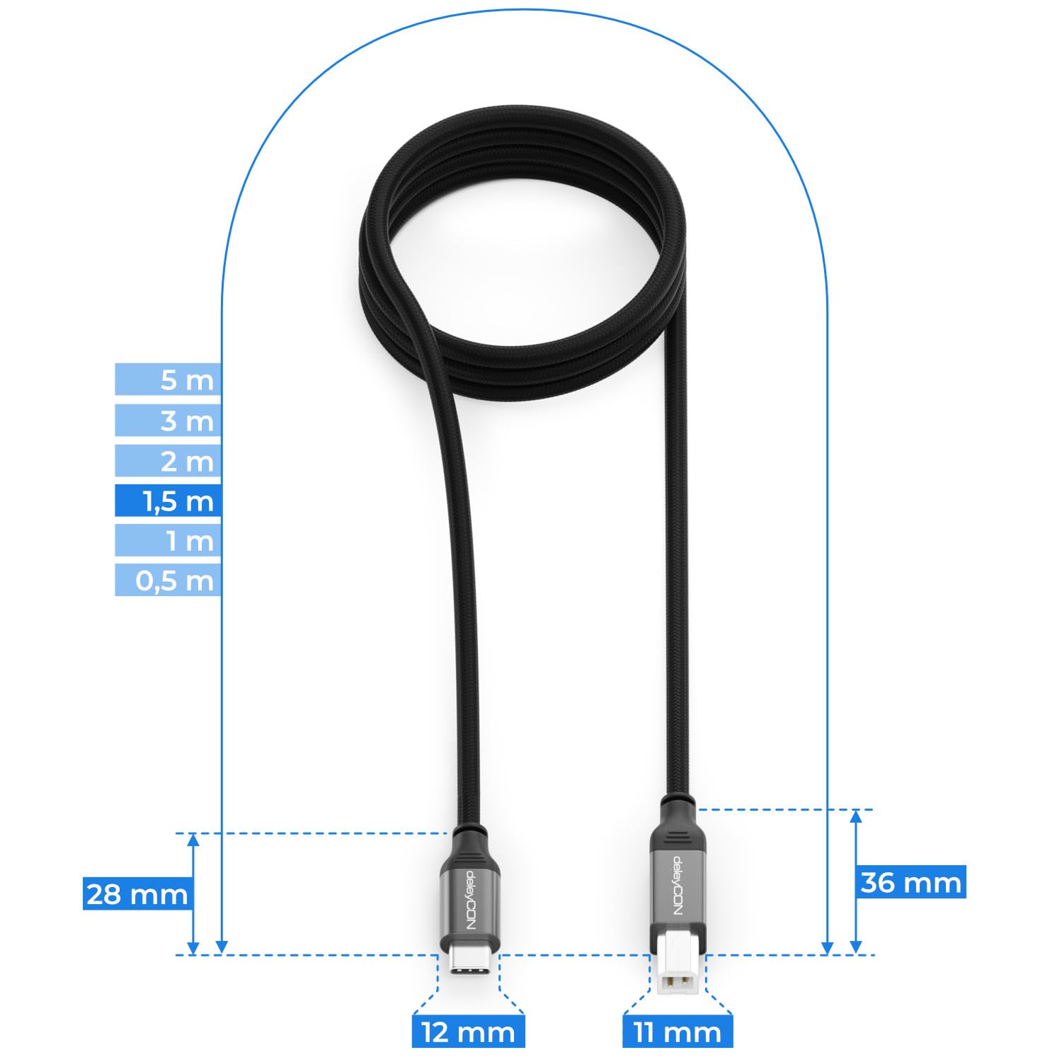 Thumbnail 6 de deleyCON 1,5 m USB-C Druckerkabel USB-C auf USB-B, Geflochten + Metallstecker – kompatibel mit Druckern, Scannern und MIDI