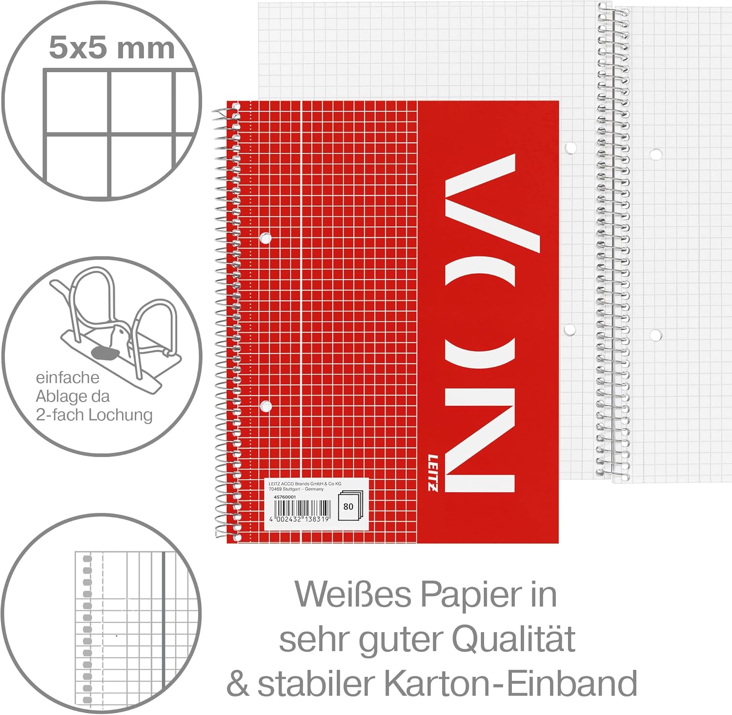 Detalle 2 de Leitz VON Collegeblock A5 kariert – 5er Pack, 160 Seiten, links mit Rand, 70 g/m², Nordic Swan