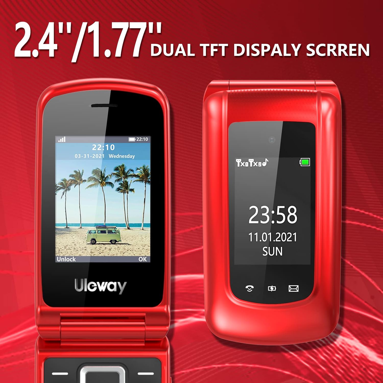 Thumbnail 6 de CHAKEYAKE G380D Senior flip mobile phone with big buttons, dual-colour displays, SOS and 1000mAh battery (Red)