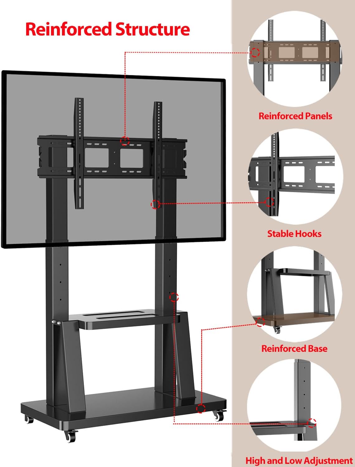 Detalle de JXMTSPW Mobile TV Stand on Wheels for 32–100 inch Displays