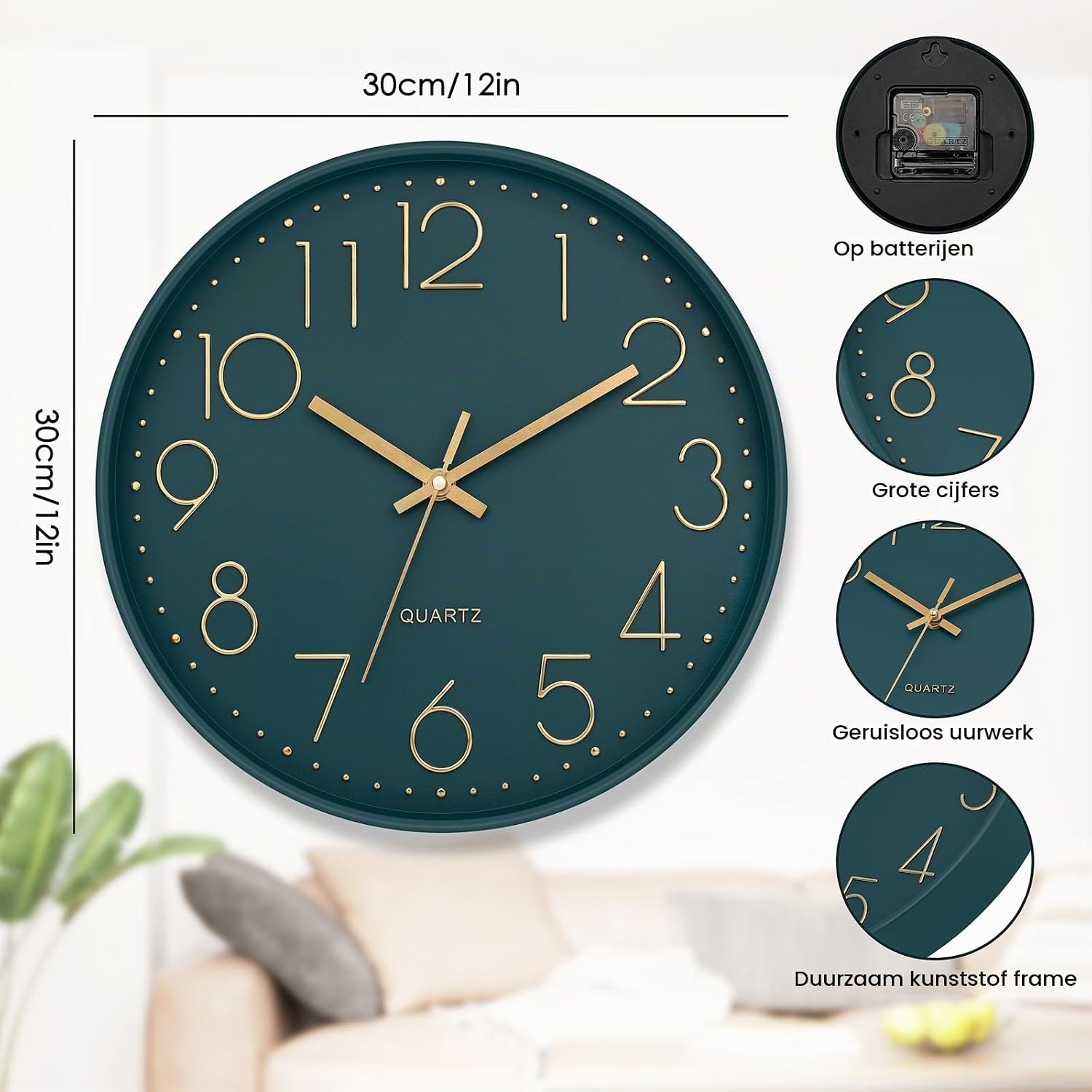 Detalle 2 de Lumuasky horloge murale moderne-vert wandklok 12 inch, stil en smaragdgroen