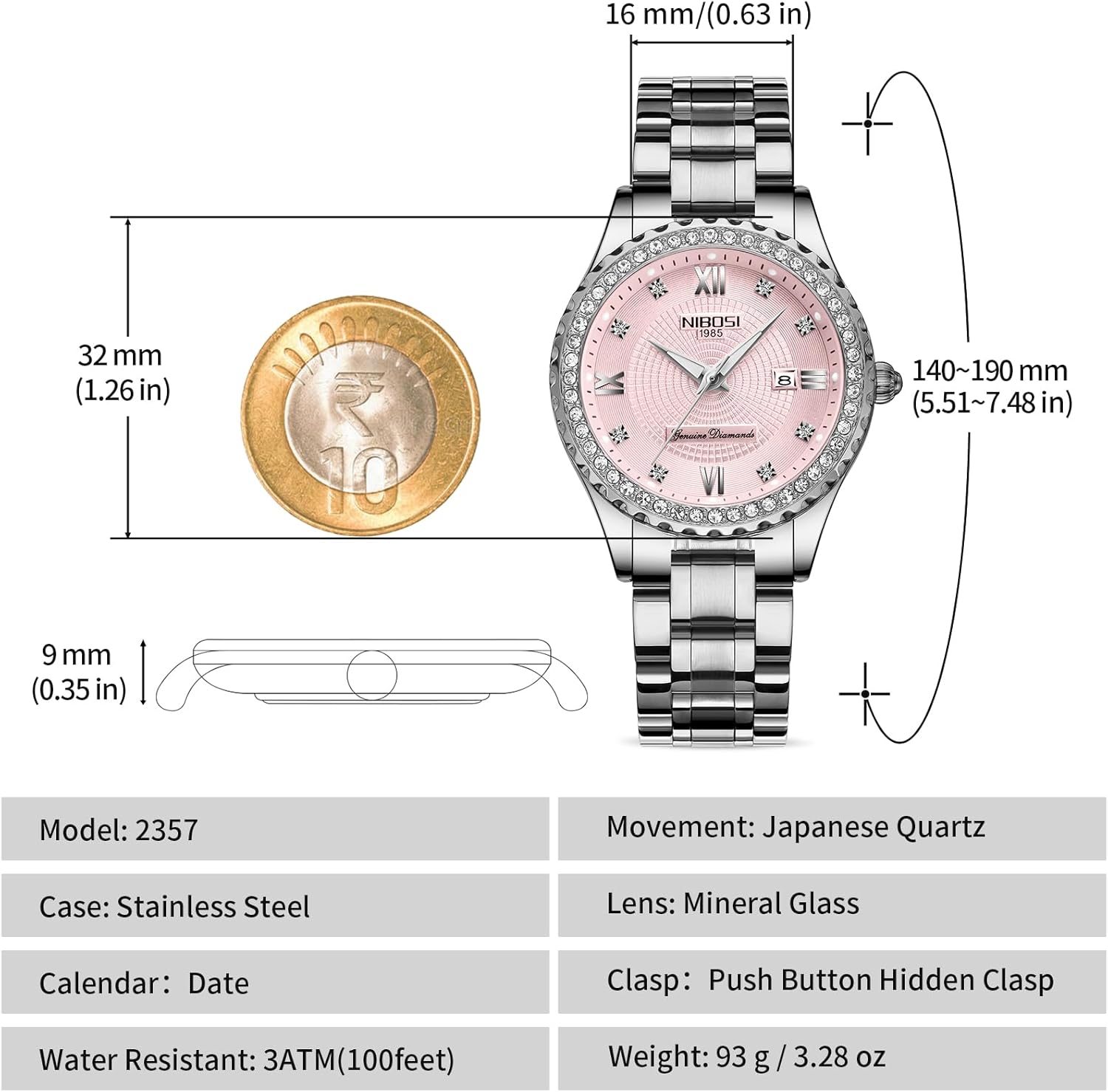 Thumbnail 5 de NIBOSI Armbanduhr Damen Analog Quarz mit Mineralglas und Roségold-Diamant-Zifferblatt