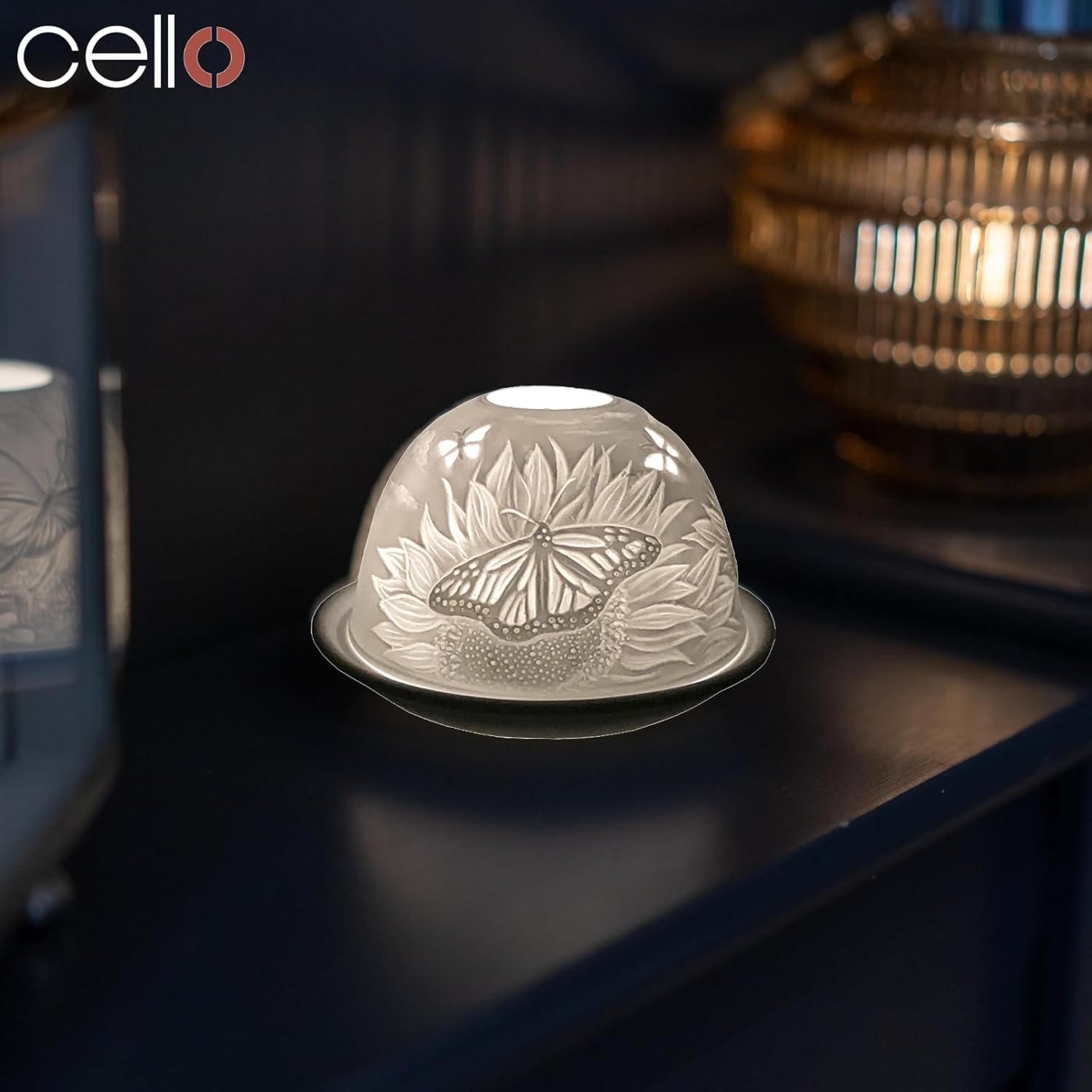 Thumbnail 2 de Cello Porcelain Tealight Holder Dome – Sunflower & Butterfly lithophane 3D projection tealight or LED