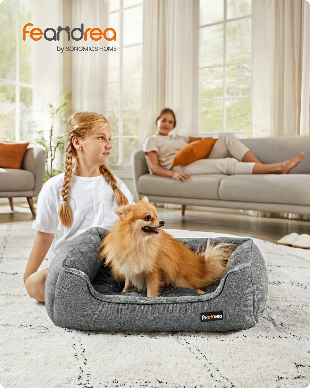 Detalle 2 de Feandrea Dog Bed Linen-Look Pet Bed Sofa with Raised Edges (Light Grey, M)