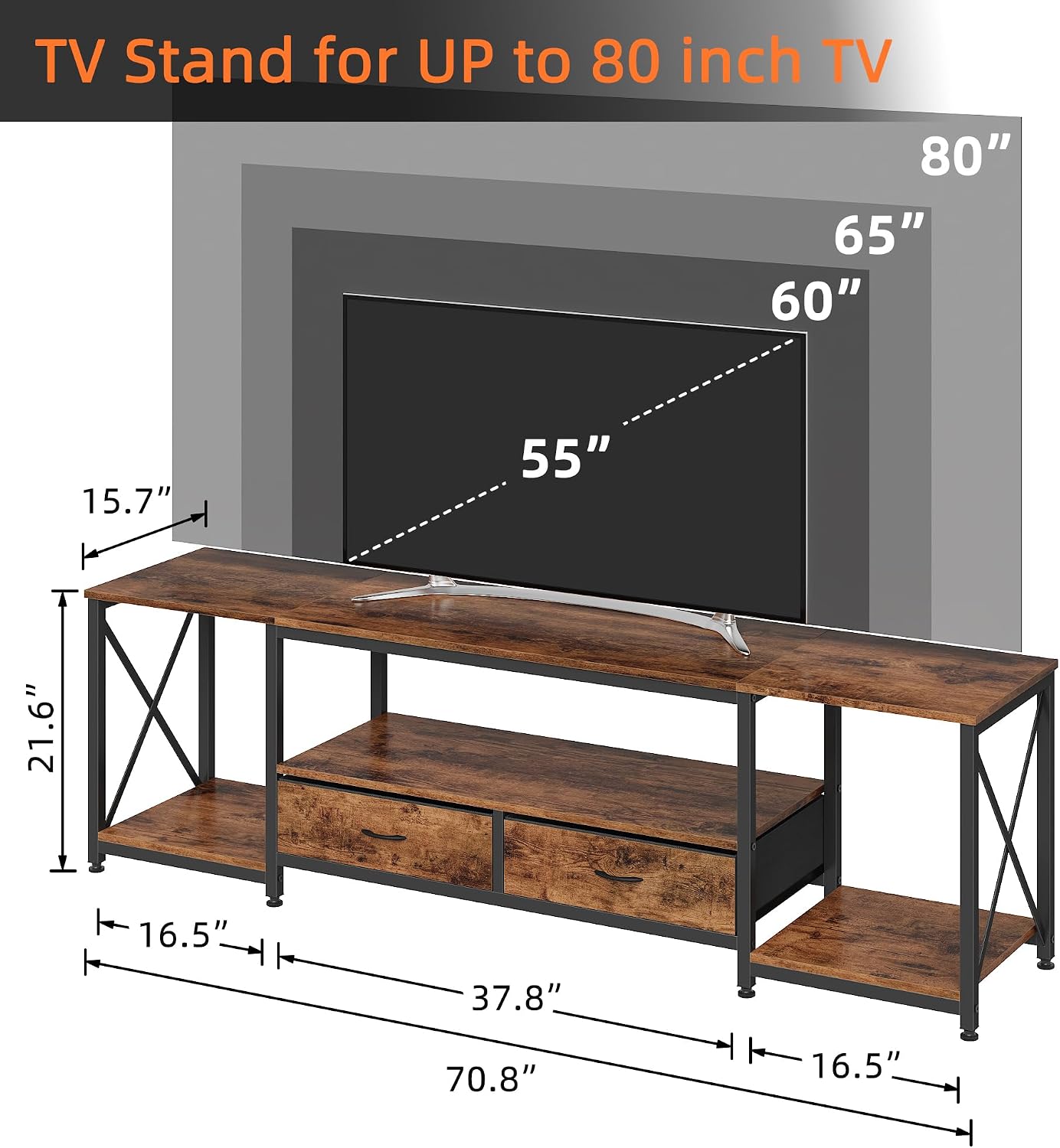 Detalle de GYIIYUO TVS019 TV Stand for 75–80-Inch TVs, Two Drawers, Rustic Brown