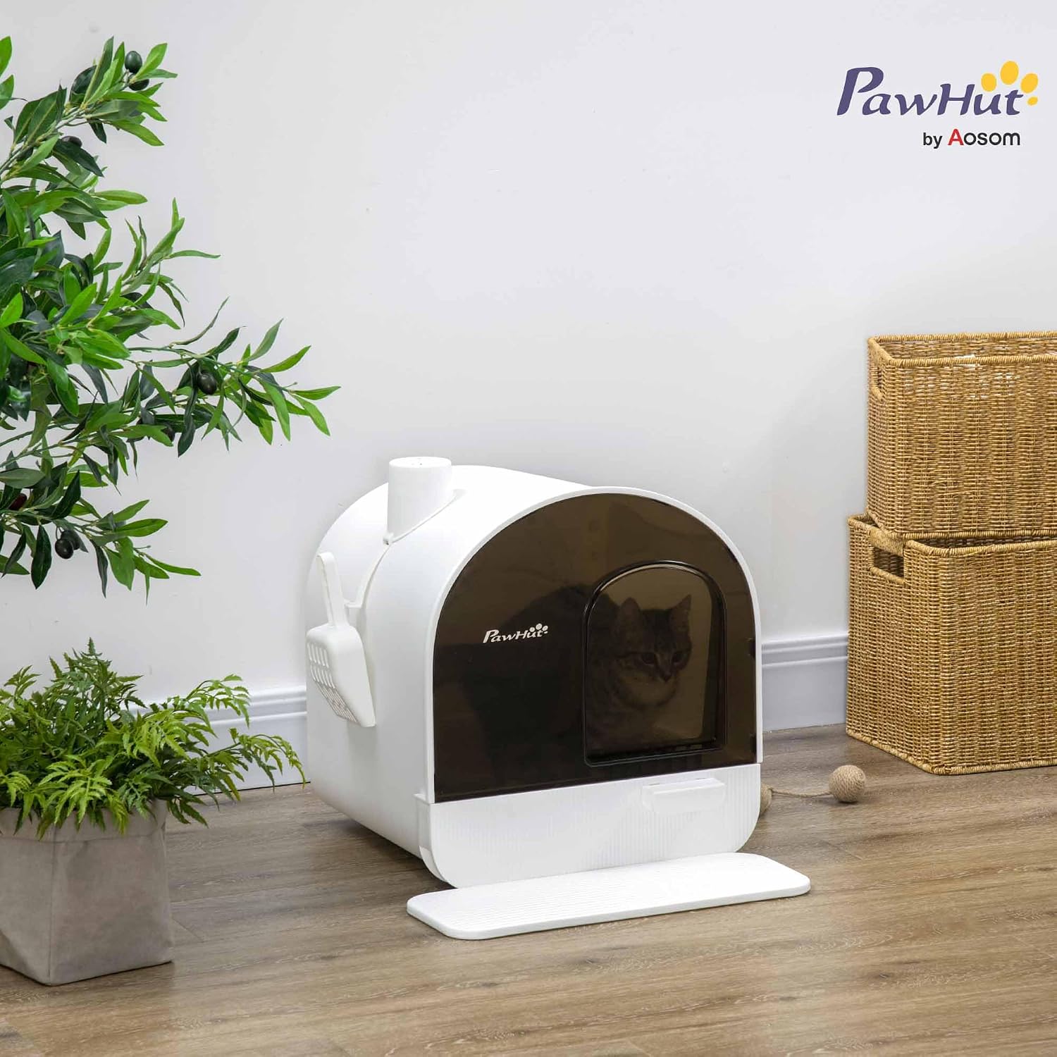 Detalle de PawHut bac à litière pour chat maison de toilette avec porte battante, pelle et filtre inclus (43 × 44 × 47 cm) – Blanc