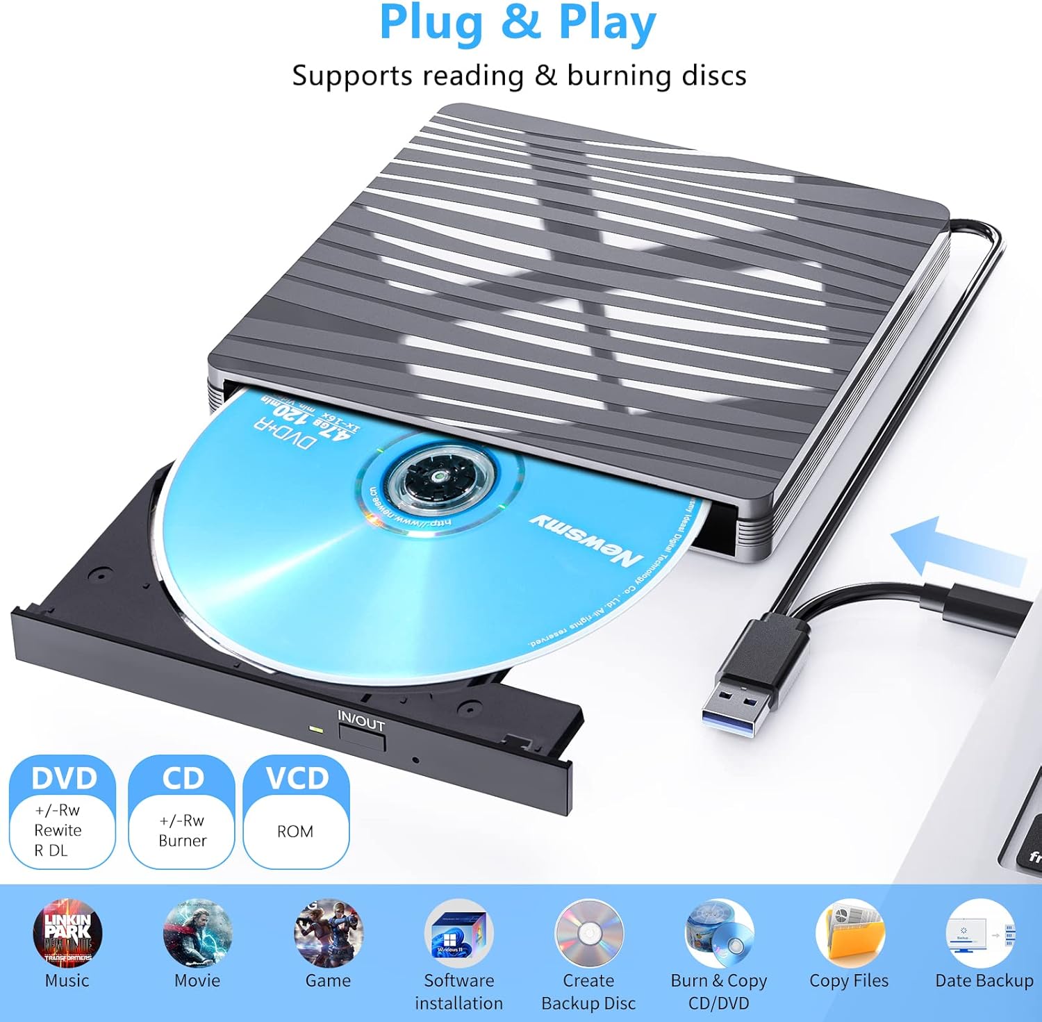 Thumbnail 2 de QDSYLQ Externes CD/DVD-Laufwerk USB 3.0 Type-C (tragbar) zum Brennen und Rippen