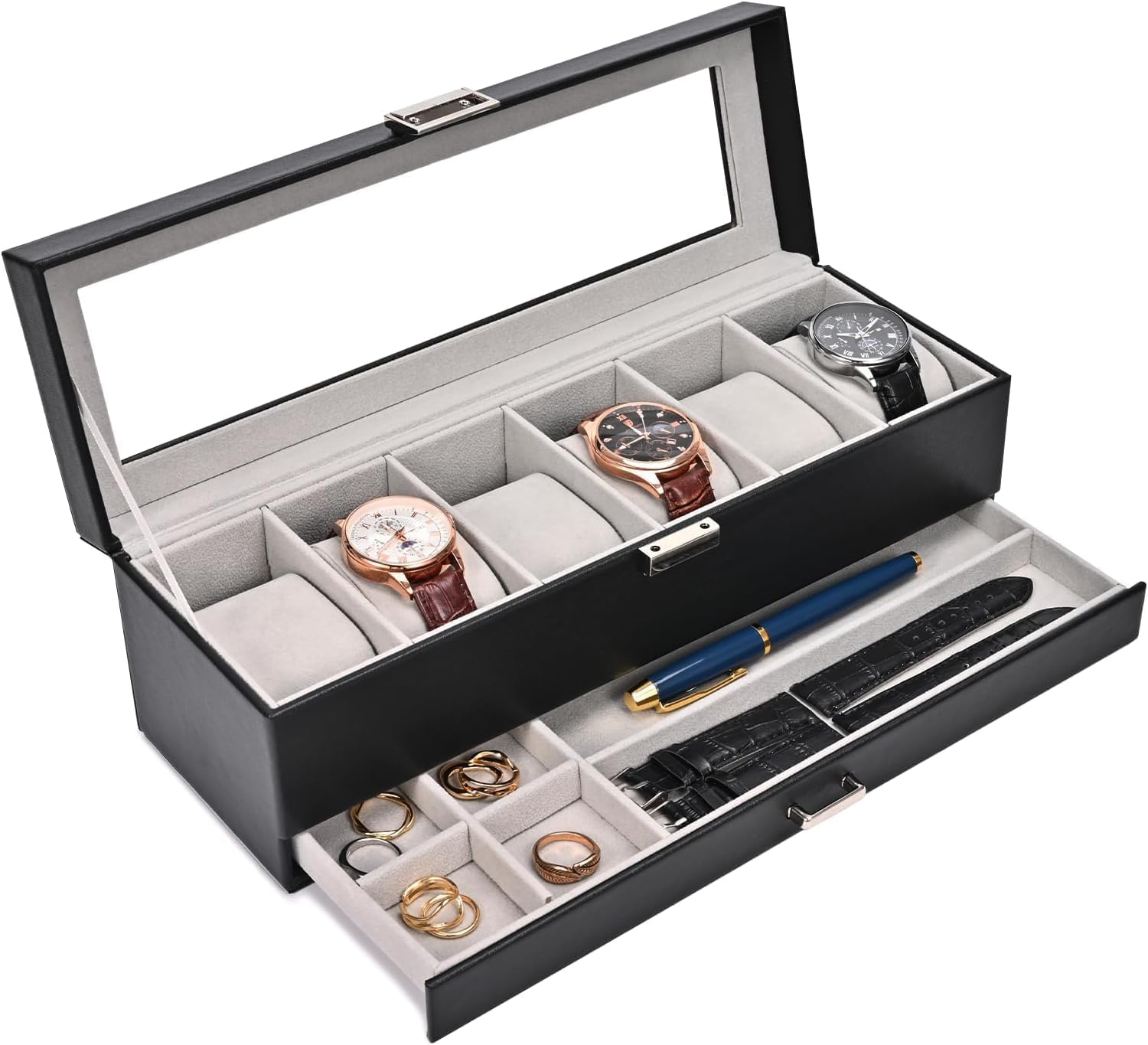 Detalle de ProCase 2 Ebenen Uhrenbox mit Glasdeckel – 6 Fächer, robustes PU-Leder Gehäuse & Schublade