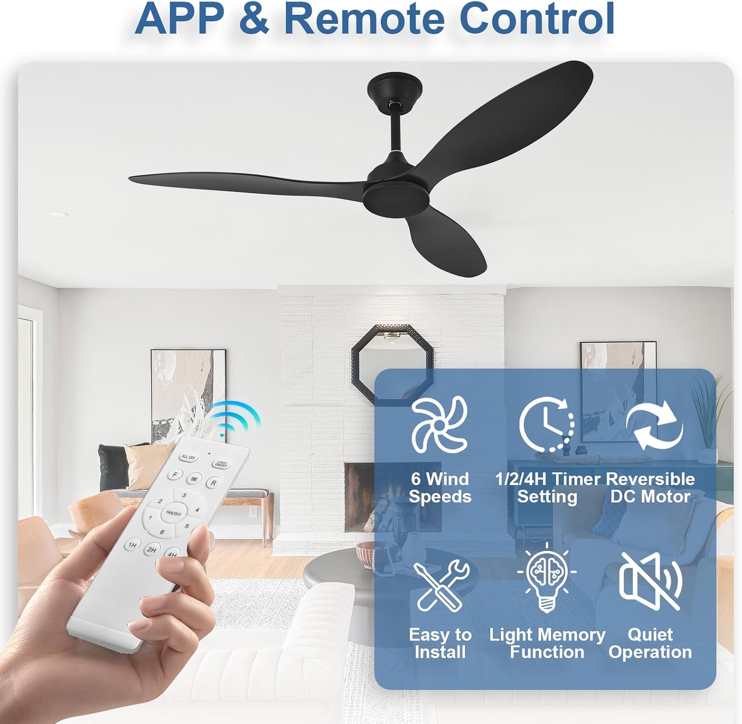 Detalle de AIROPLUX 52IN-3BLD-NL-BK 52-Inch Ceiling Fan, No Light, Reversible DC Motor